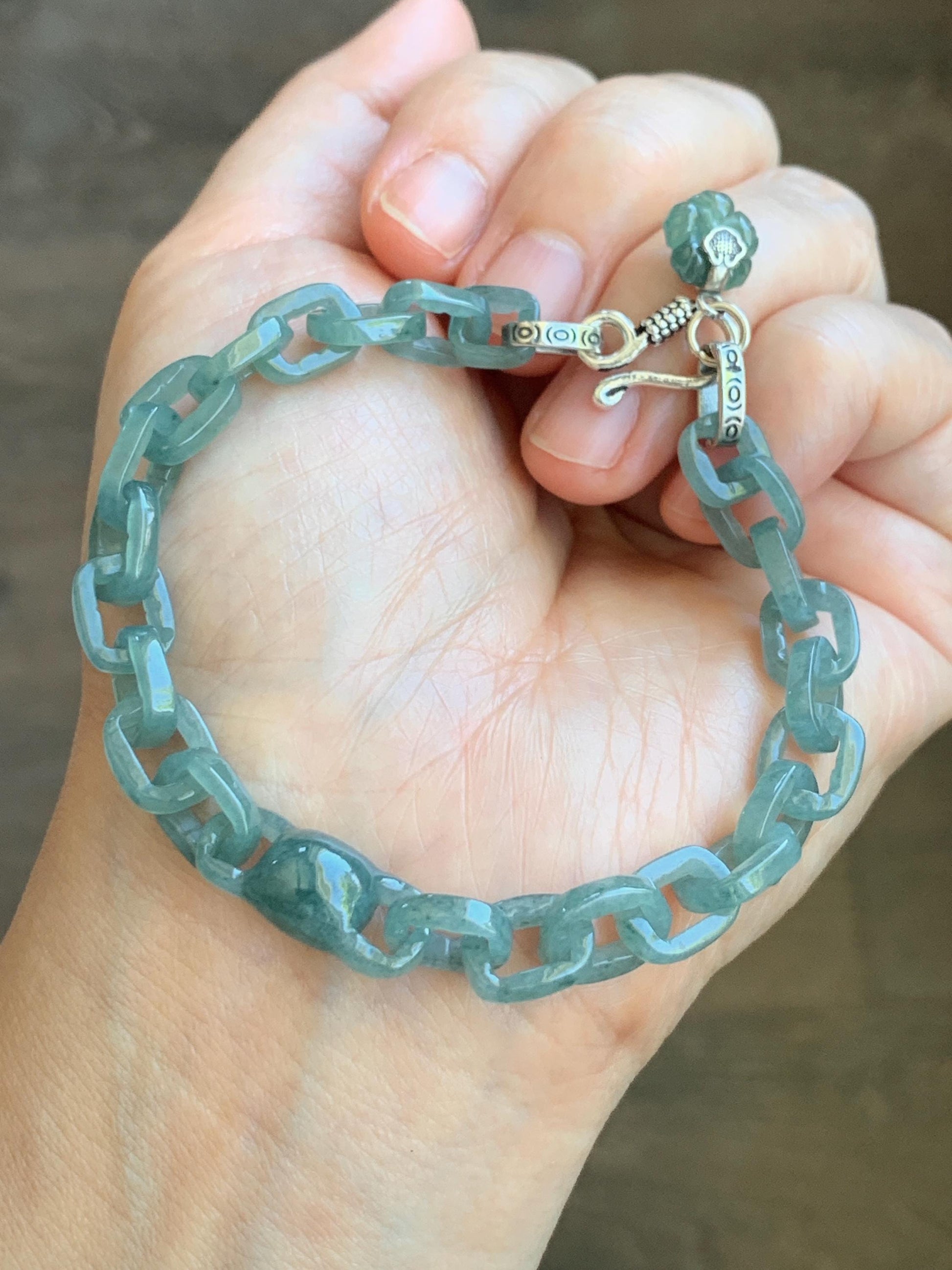 Natural Guatemalan Icy Translucent Dusty Teal Blue Jadeite Interlocking Link Bracelet Sterling Silver Adjustable 13g 天然冰危蓝翡翠环环相扣手链 LIS300