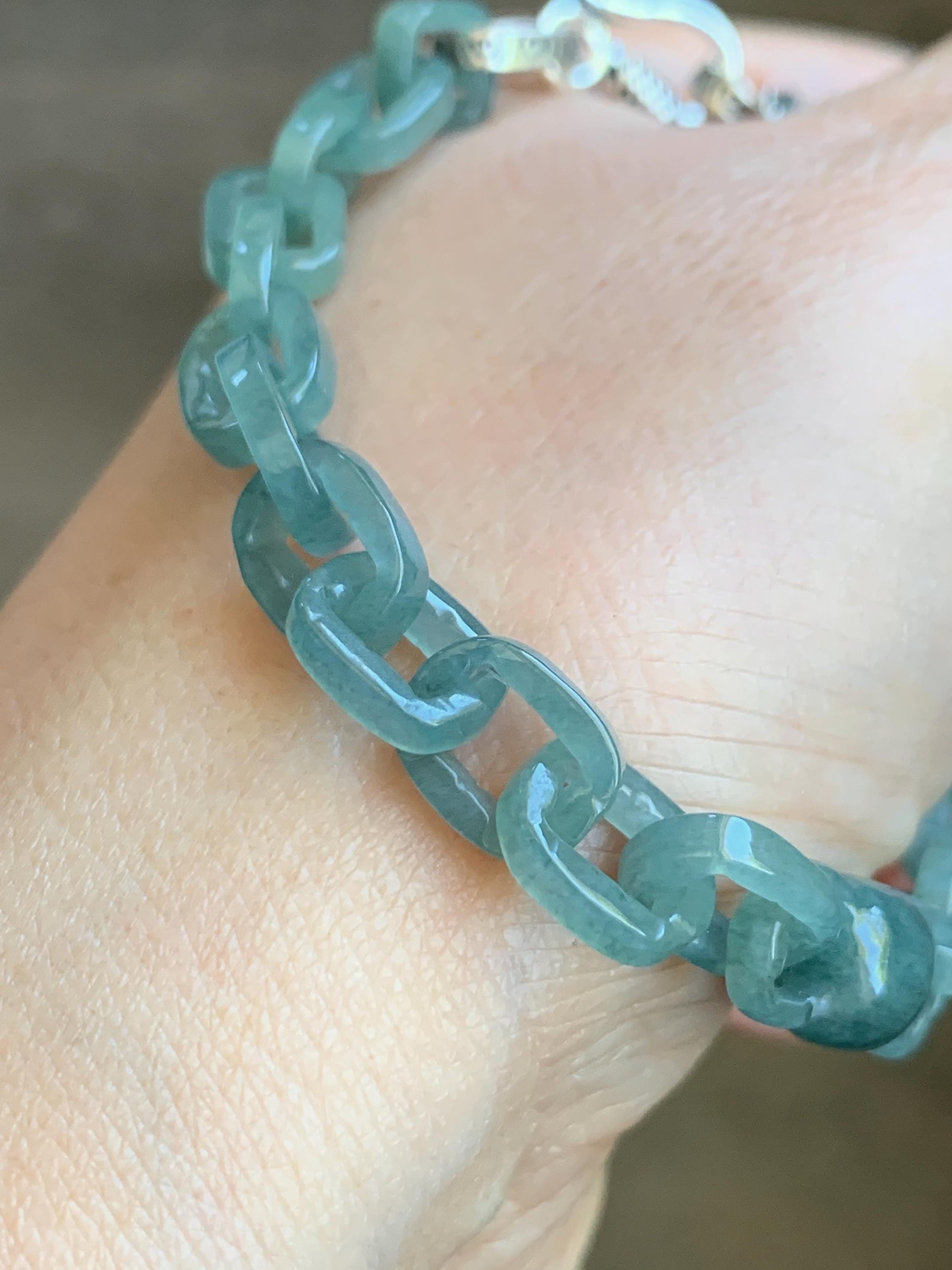 Natural Guatemalan Icy Translucent Dusty Teal Blue Jadeite Interlocking Link Bracelet Sterling Silver Adjustable 13g 天然冰危蓝翡翠环环相扣手链 LIS300