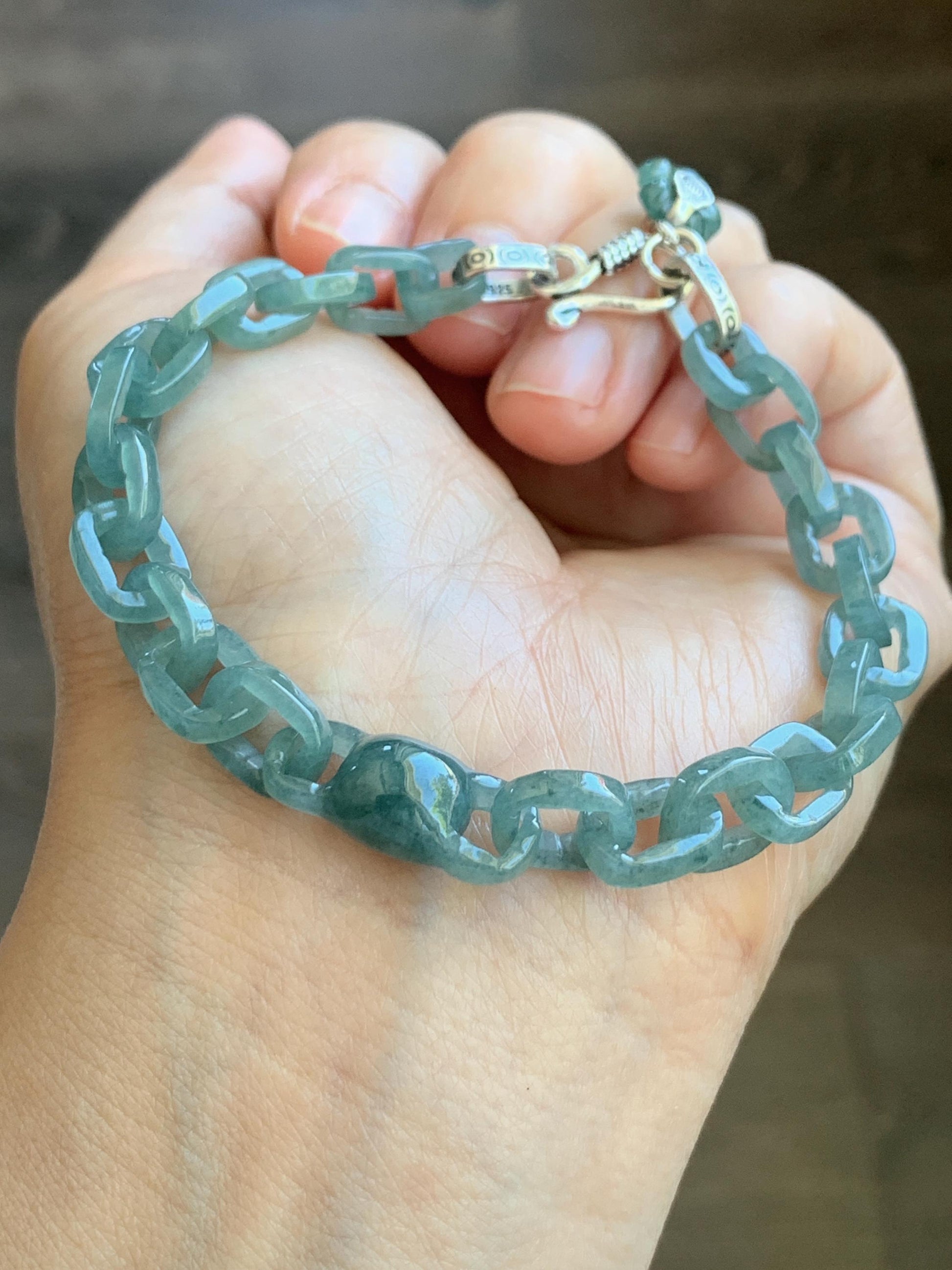 Natural Guatemalan Icy Translucent Dusty Teal Blue Jadeite Interlocking Link Bracelet Sterling Silver Adjustable 13g 天然冰危蓝翡翠环环相扣手链 LIS300