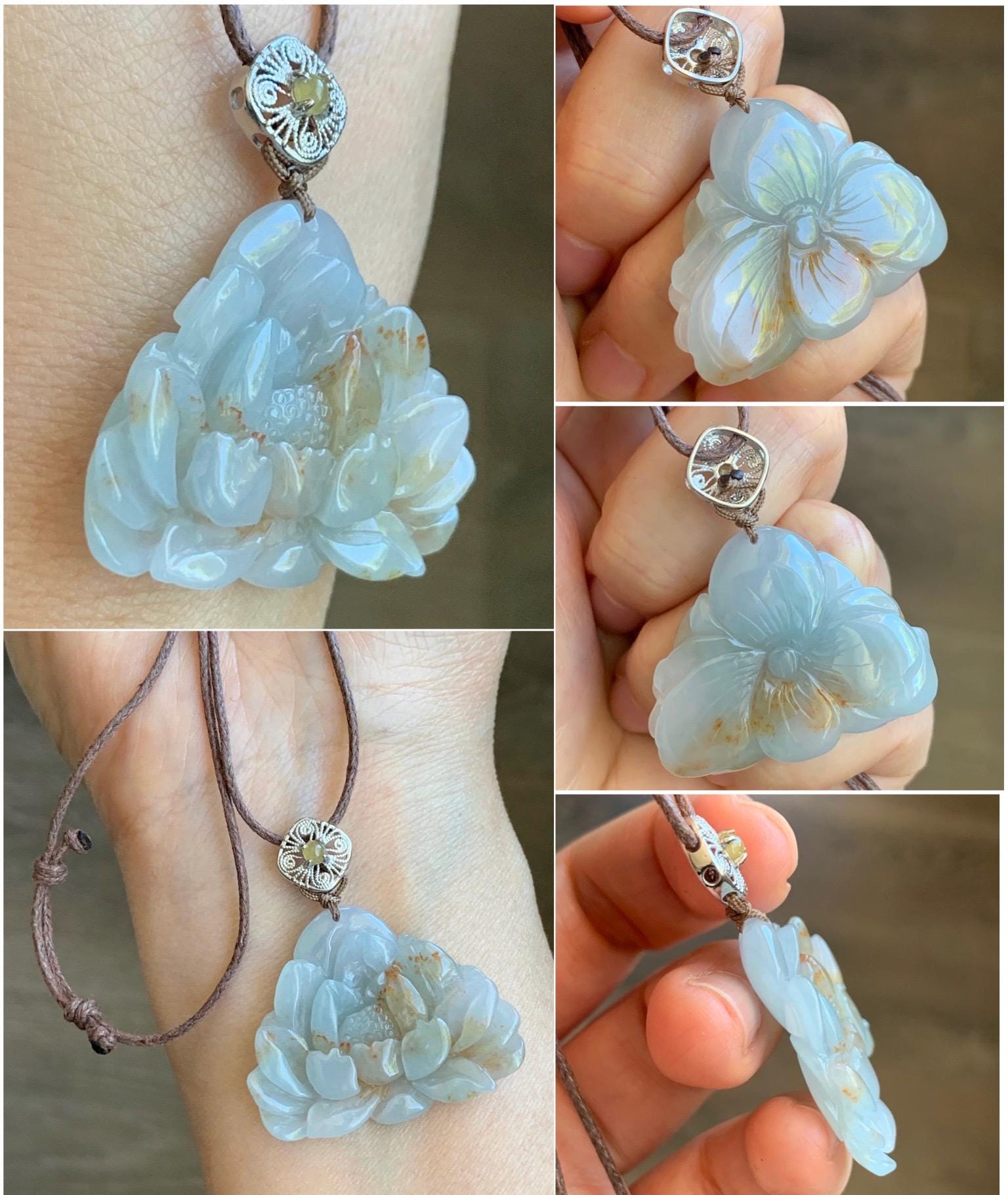 Natural Grade A Icy Translucent Pastel Blue Golden Brown Marbled Jadeite Lotus Flower Rope Necklace Sterling Silver 26" 10g 天然冰胶蓝底撒金翡翠莲花吊坠 Z