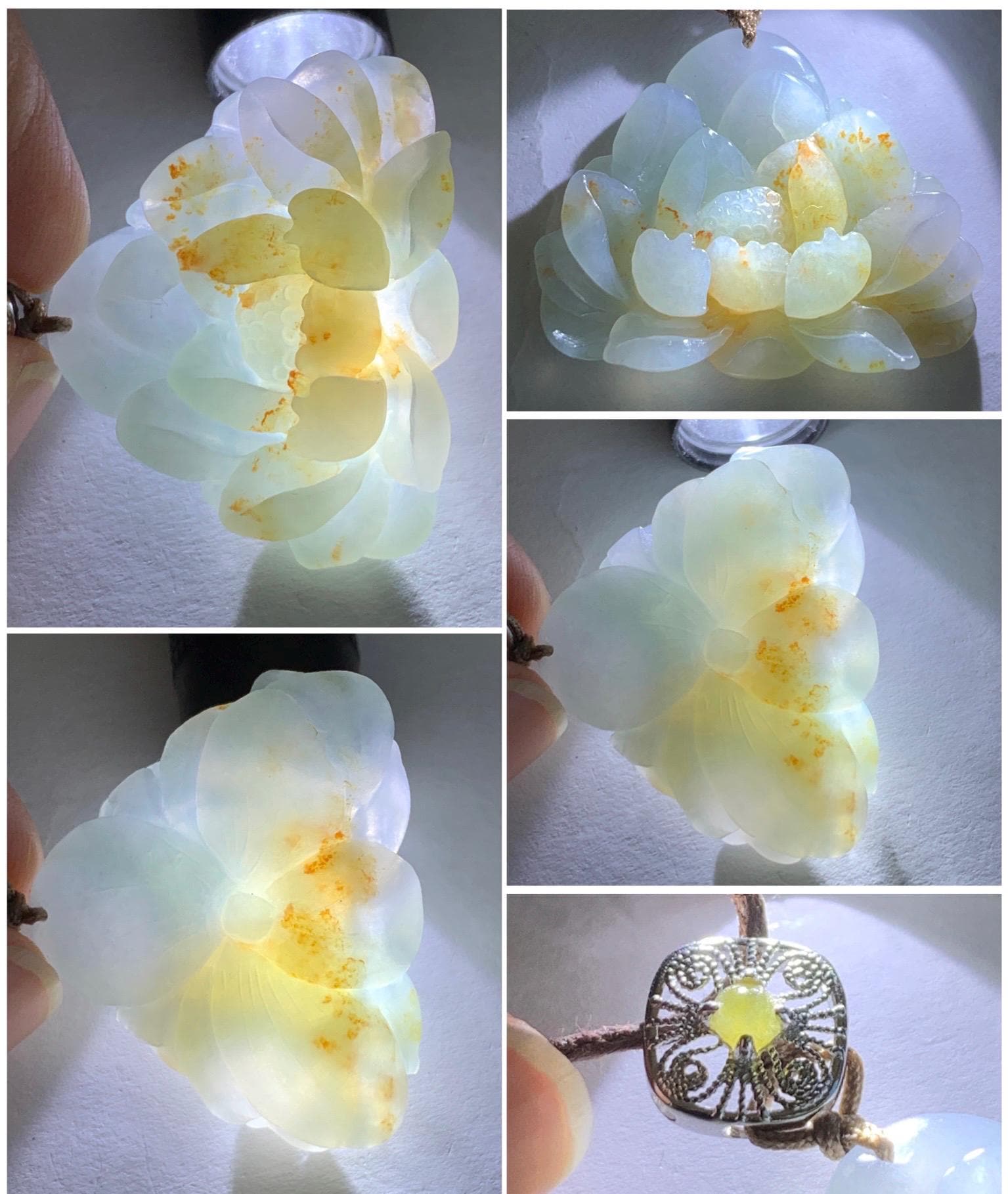 Natural Grade A Icy Translucent Pastel Blue Golden Brown Marbled Jadeite Lotus Flower Rope Necklace Sterling Silver 26" 10g 天然冰胶蓝底撒金翡翠莲花吊坠 Z