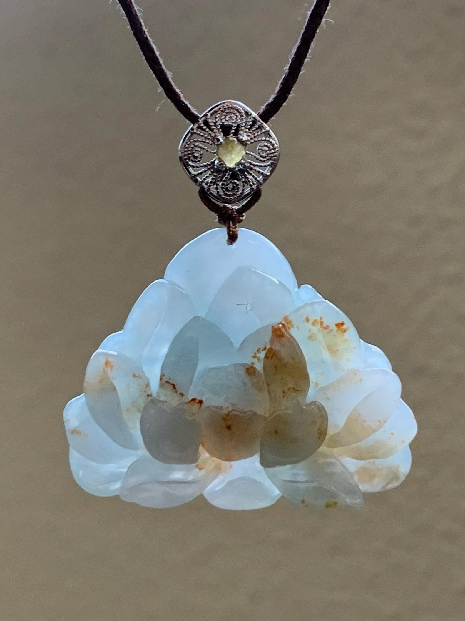 Natural Grade A Icy Translucent Pastel Blue Golden Brown Marbled Jadeite Lotus Flower Rope Necklace Sterling Silver 26" 10g 天然冰胶蓝底撒金翡翠莲花吊坠 Z