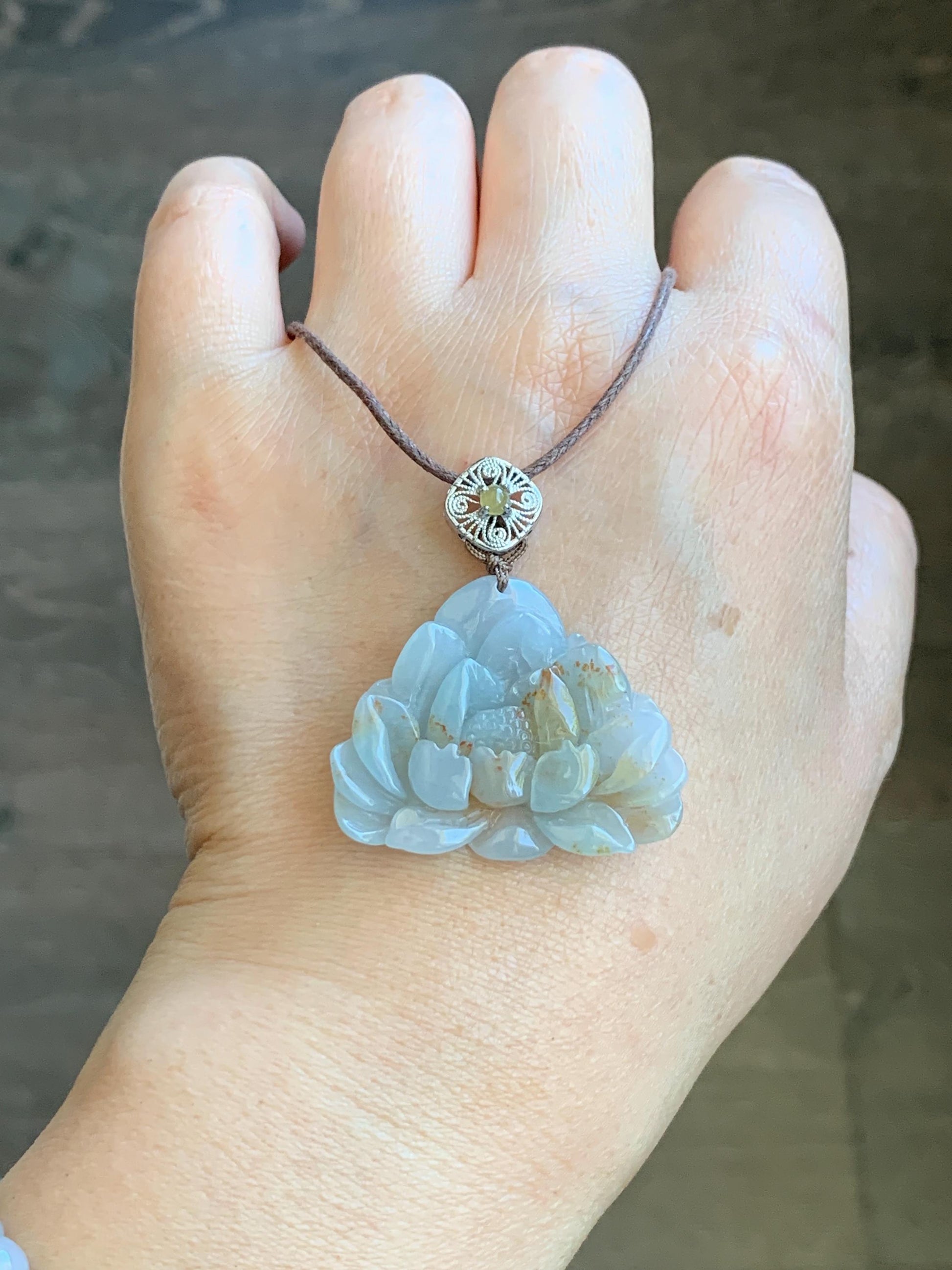 Natural Grade A Icy Translucent Pastel Blue Golden Brown Marbled Jadeite Lotus Flower Rope Necklace Sterling Silver 26" 10g 天然冰胶蓝底撒金翡翠莲花吊坠 Z