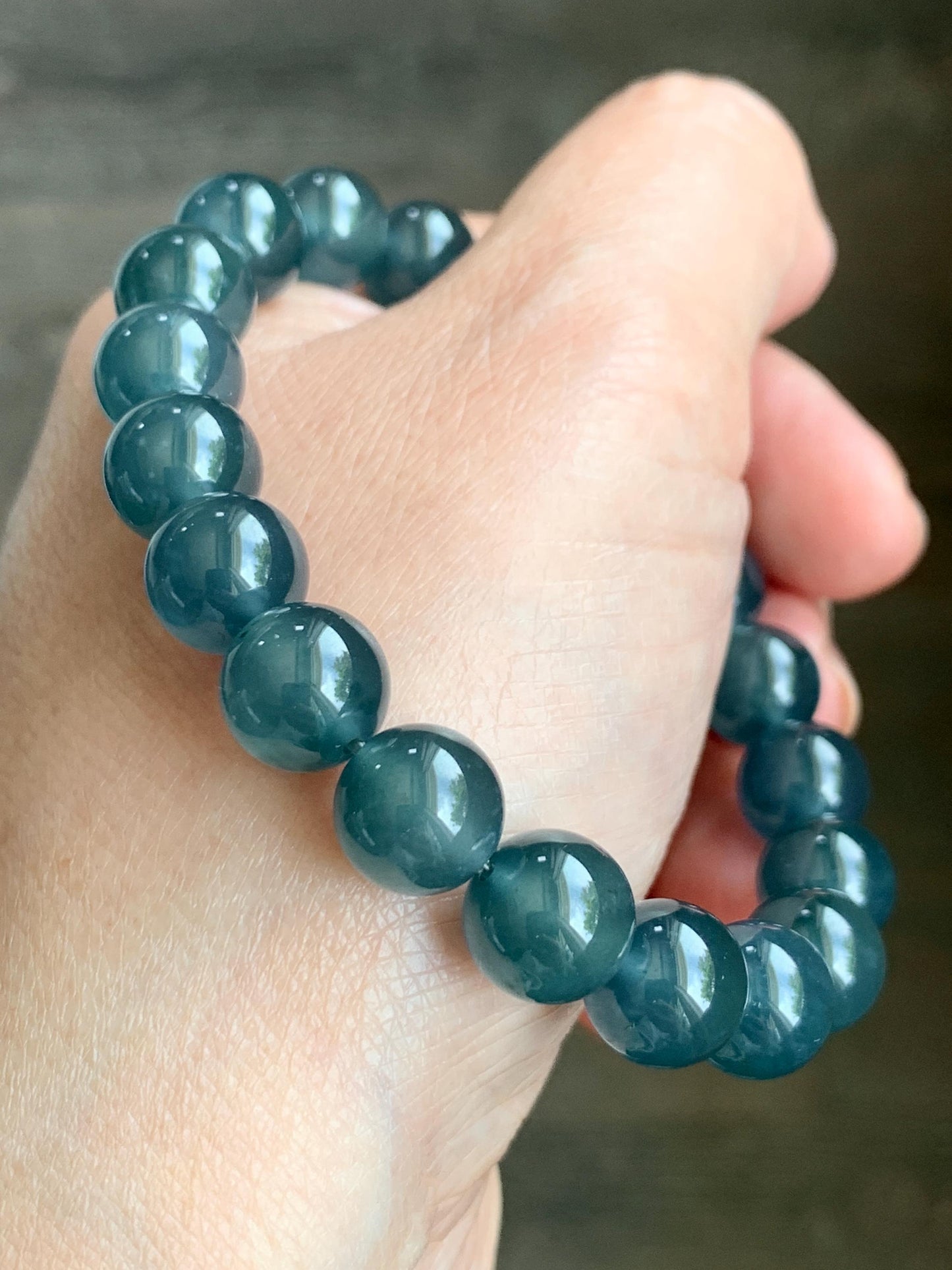 Certified Natural Grade A Guatemalan Premium Icy Translucent Dark Teal Blue Jade Jadeite Beaded Bracelet 10mm 7.25” 35g 天然老种冰危深蓝翡翠大卡手串 9962