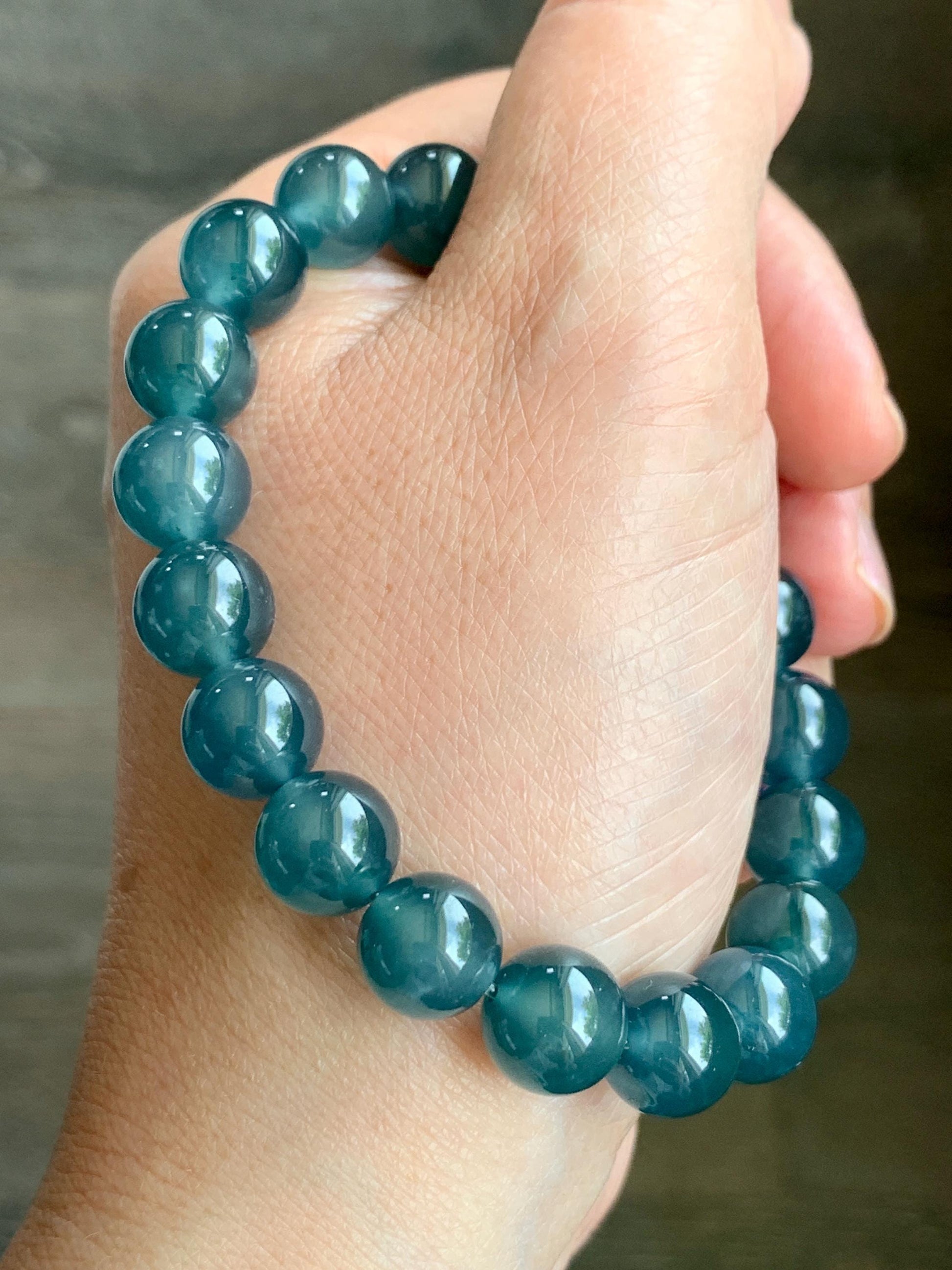 Certified Natural Grade A Guatemalan Premium Icy Translucent Dark Teal Blue Jade Jadeite Beaded Bracelet 10mm 7.25” 35g 天然老种冰危深蓝翡翠大卡手串 9962