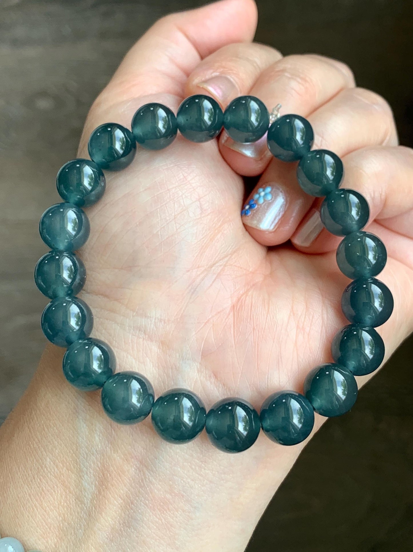 Certified Natural Grade A Guatemalan Premium Icy Translucent Dark Teal Blue Jade Jadeite Beaded Bracelet 10mm 7.25” 35g 天然老种冰危深蓝翡翠大卡手串 9962
