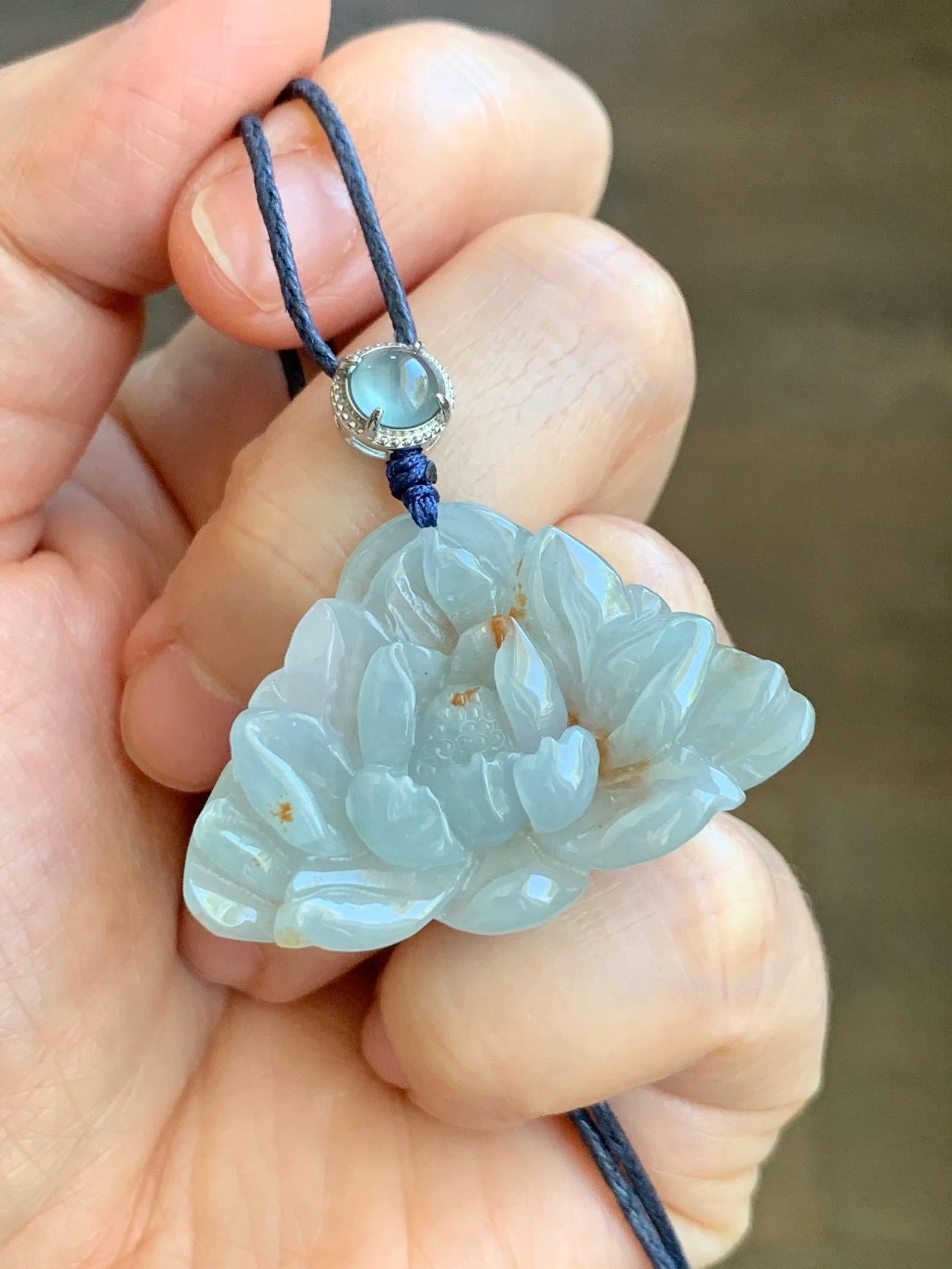 Natural Grade A Icy Translucent Pastel Blue Golden Brown Marbled Jadeite Lotus Flower Rope Necklace Sterling Silver 27" 9g 天然冰胶淡蓝撒金翡翠莲花吊坠 B