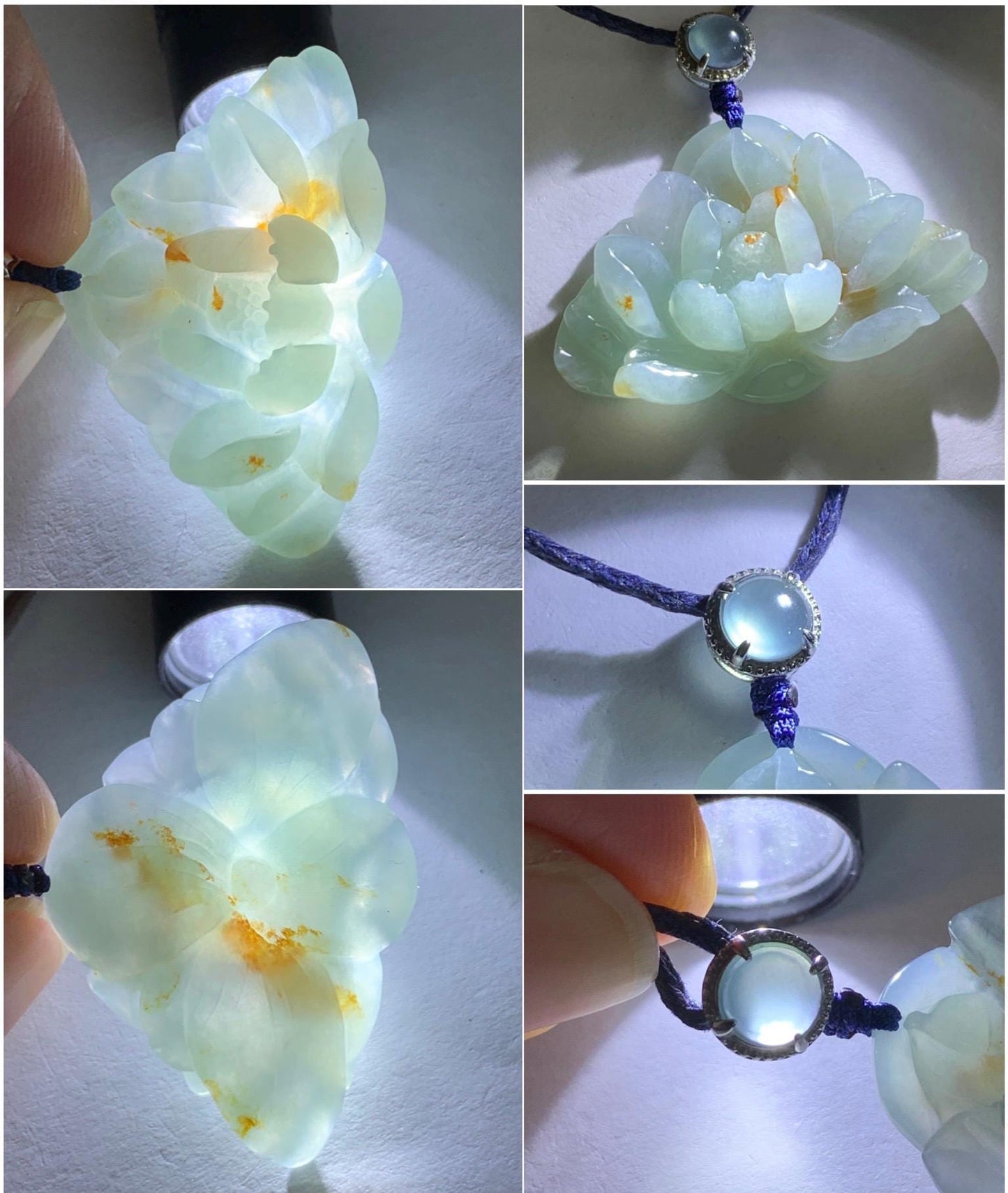 Natural Grade A Icy Translucent Pastel Blue Golden Brown Marbled Jadeite Lotus Flower Rope Necklace Sterling Silver 27" 9g 天然冰胶淡蓝撒金翡翠莲花吊坠 B