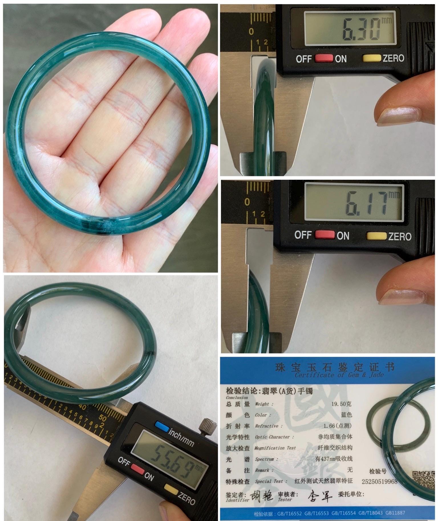 Certified Natural Grade A Guatemalan Icy Translucent Gelatinous Dark Teal Green Jade Jadeite Slim Bangle 55.69mm 19.5g 天然老种冰胶危蓝绿翡翠细圆条手镯 9968