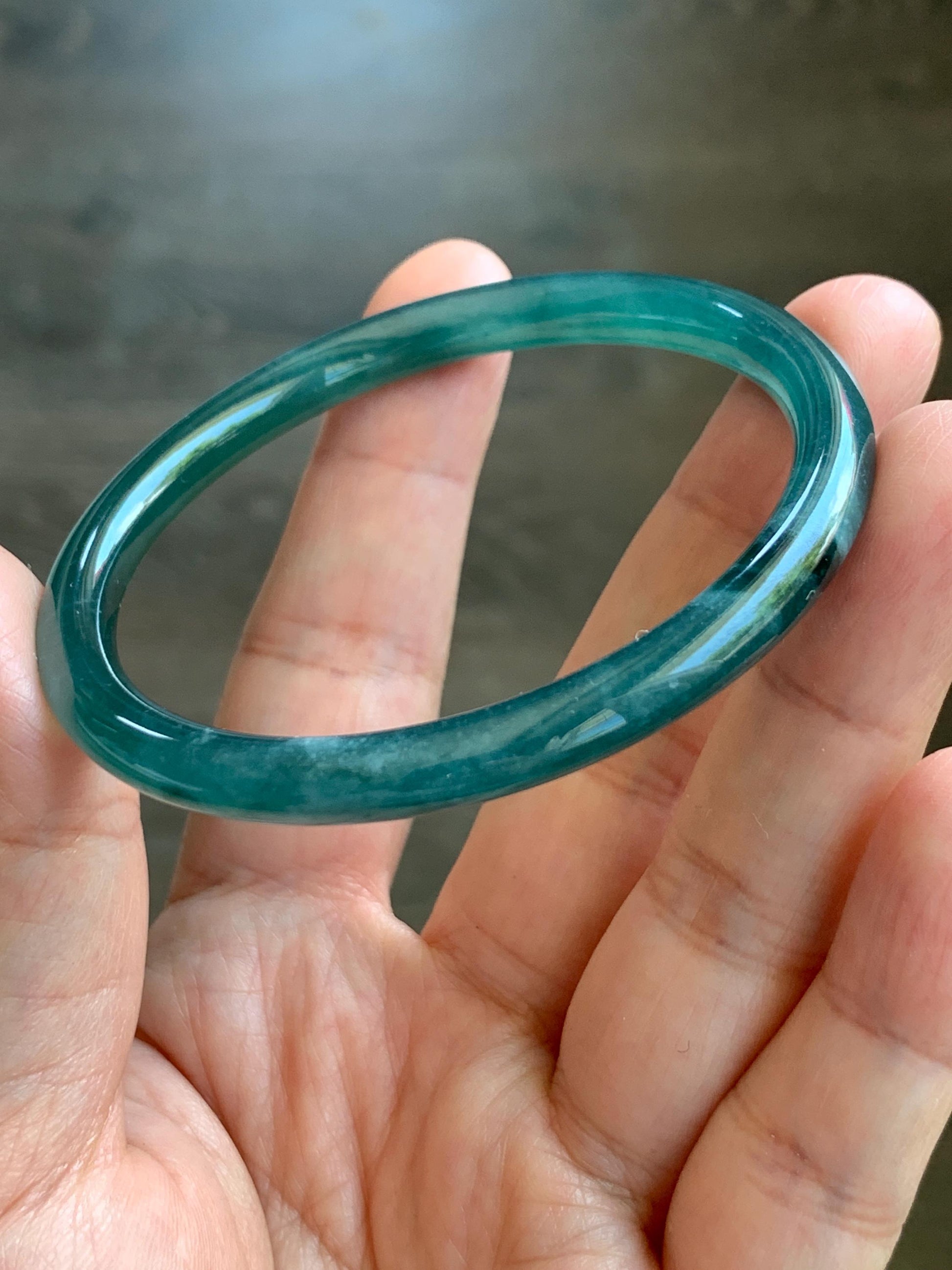 Certified Natural Grade A Guatemalan Icy Translucent Gelatinous Dark Teal Green Jade Jadeite Slim Bangle 55.69mm 19.5g 天然老种冰胶危蓝绿翡翠细圆条手镯 9968