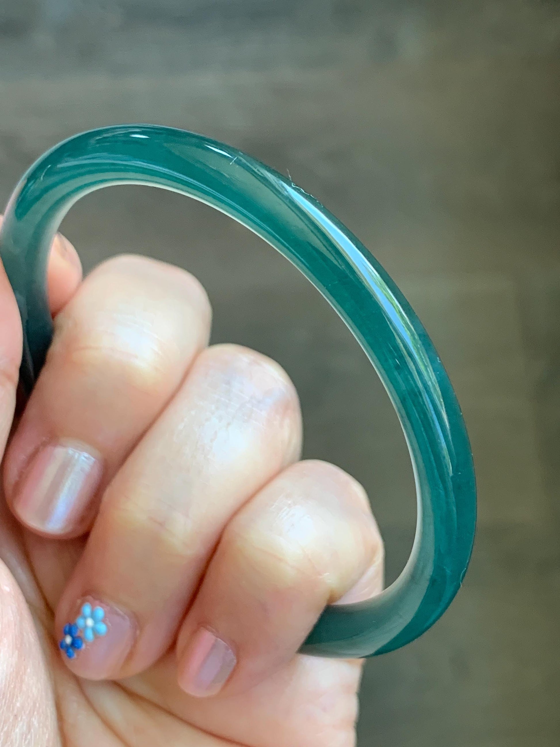 Certified Natural Grade A Guatemalan Icy Translucent Gelatinous Dark Teal Green Jade Jadeite Slim Bangle 55.69mm 19.5g 天然老种冰胶危蓝绿翡翠细圆条手镯 9968
