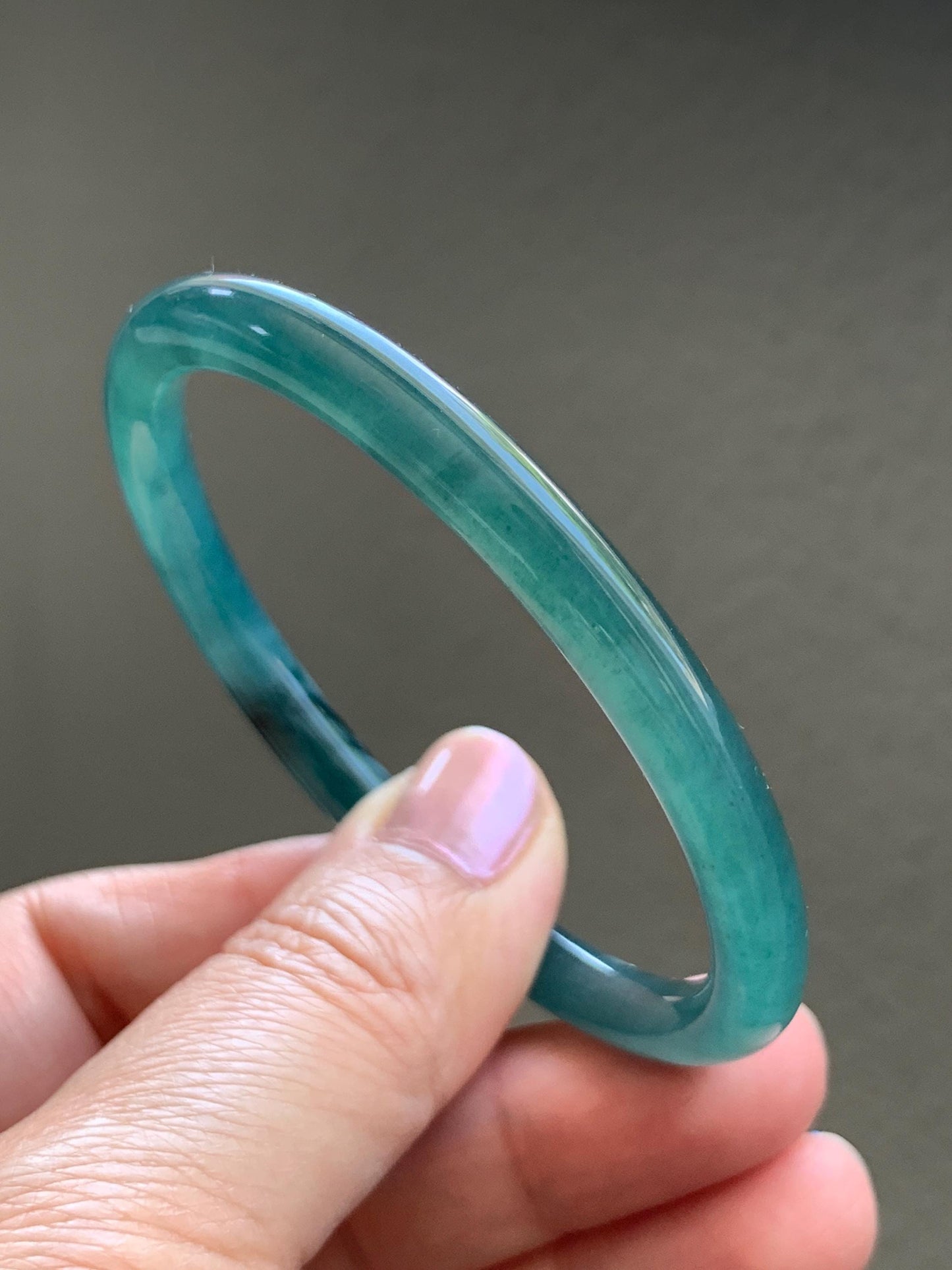 Certified Natural Grade A Guatemalan Icy Translucent Gelatinous Dark Teal Green Jade Jadeite Slim Bangle 55.69mm 19.5g 天然老种冰胶危蓝绿翡翠细圆条手镯 9968