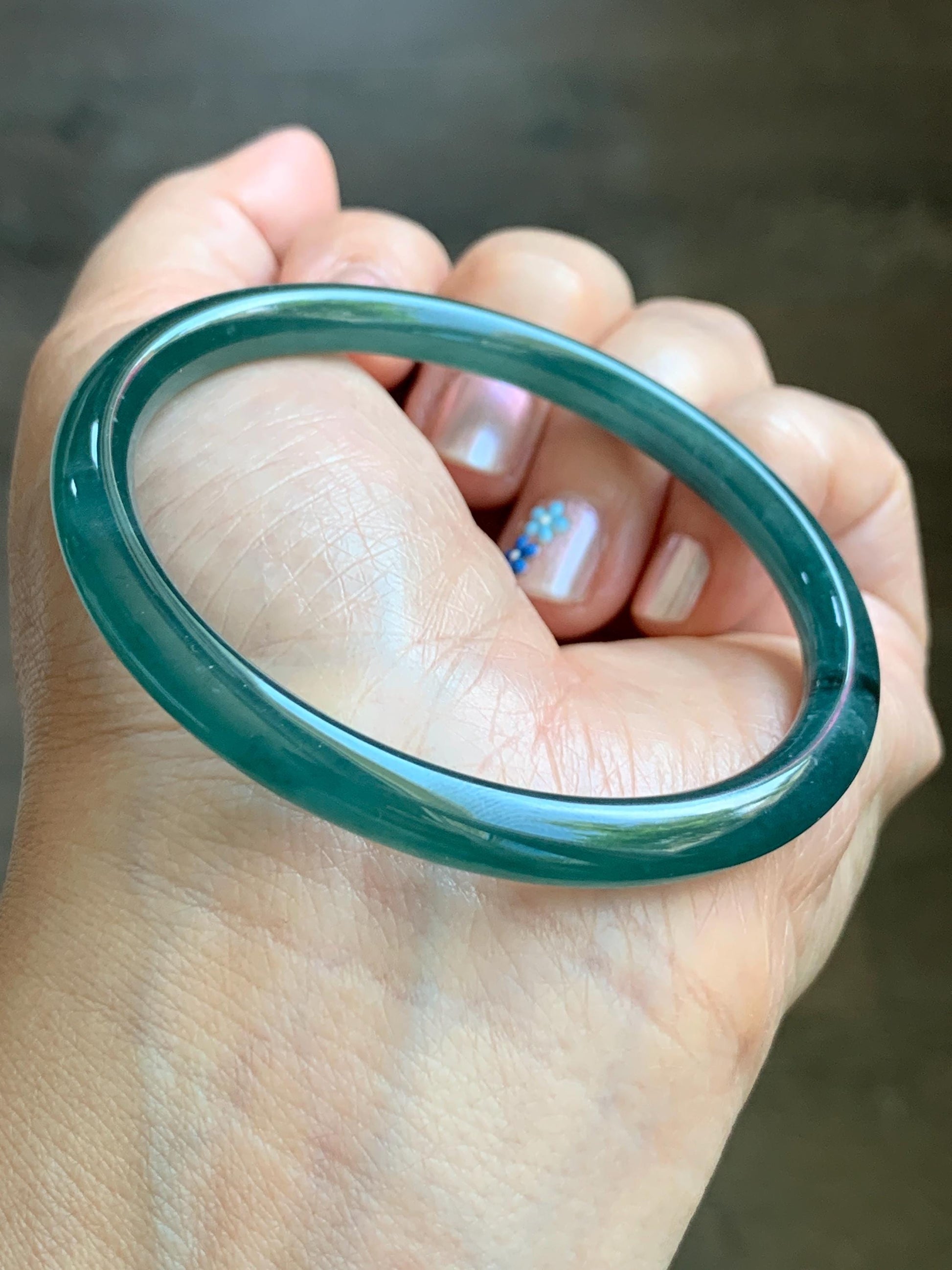 Certified Natural Grade A Guatemalan Icy Translucent Gelatinous Dark Teal Green Jade Jadeite Slim Bangle 55.69mm 19.5g 天然老种冰胶危蓝绿翡翠细圆条手镯 9968