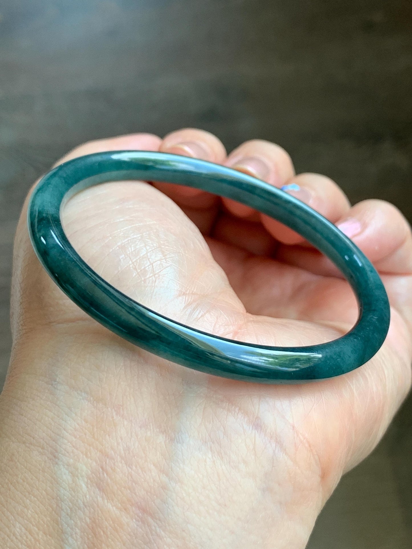Certified Natural Grade A Guatemalan Icy Translucent Gelatinous Dark Teal Green Jade Jadeite Slim Bangle 57.57mm 19.9g 天然老种冰胶危蓝绿翡翠细圆条手镯 9969