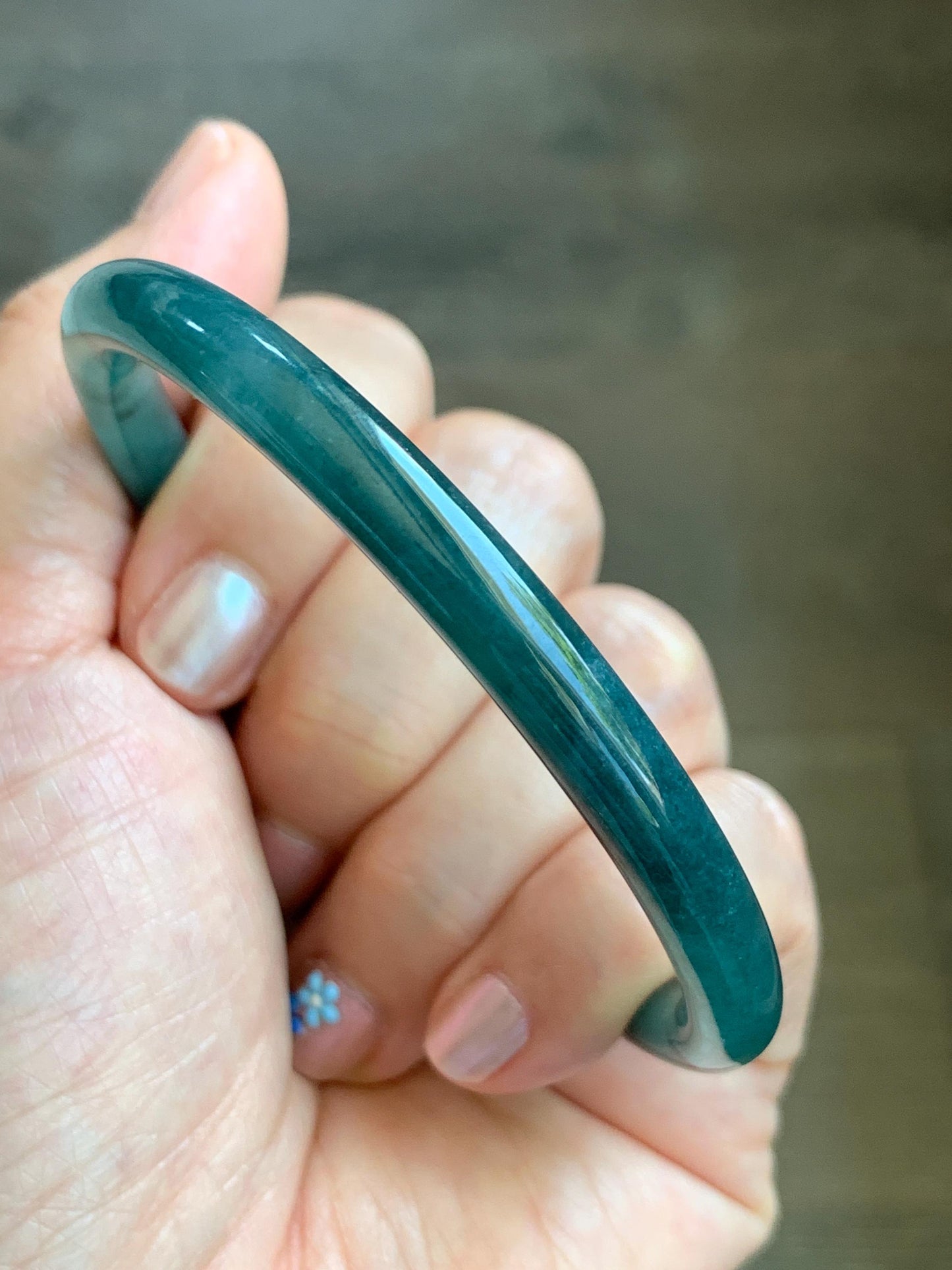 Certified Natural Grade A Guatemalan Icy Translucent Gelatinous Dark Teal Green Jade Jadeite Slim Bangle 59.57mm 21.9g 天然老种冰胶危蓝绿翡翠细圆条手镯 9970