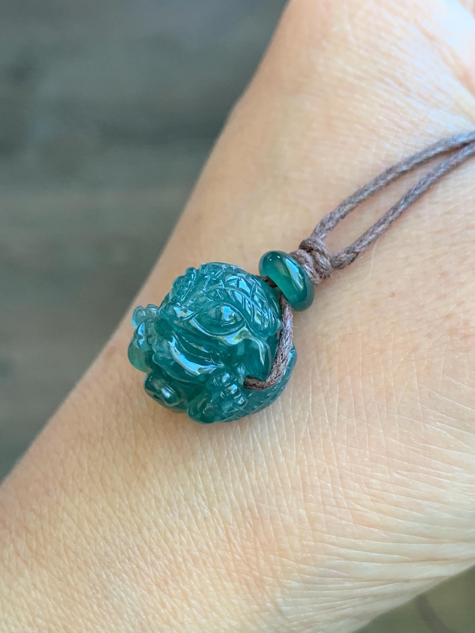 Natural Grade A Guatemalan Icy Translucent Deep Teal Blue Jadeite Baby Dragon Ball Pendant Rope Necklace 27” 6g 天然老种冰胶危深蓝翡翠龙宝宝吊坠 LBX180A