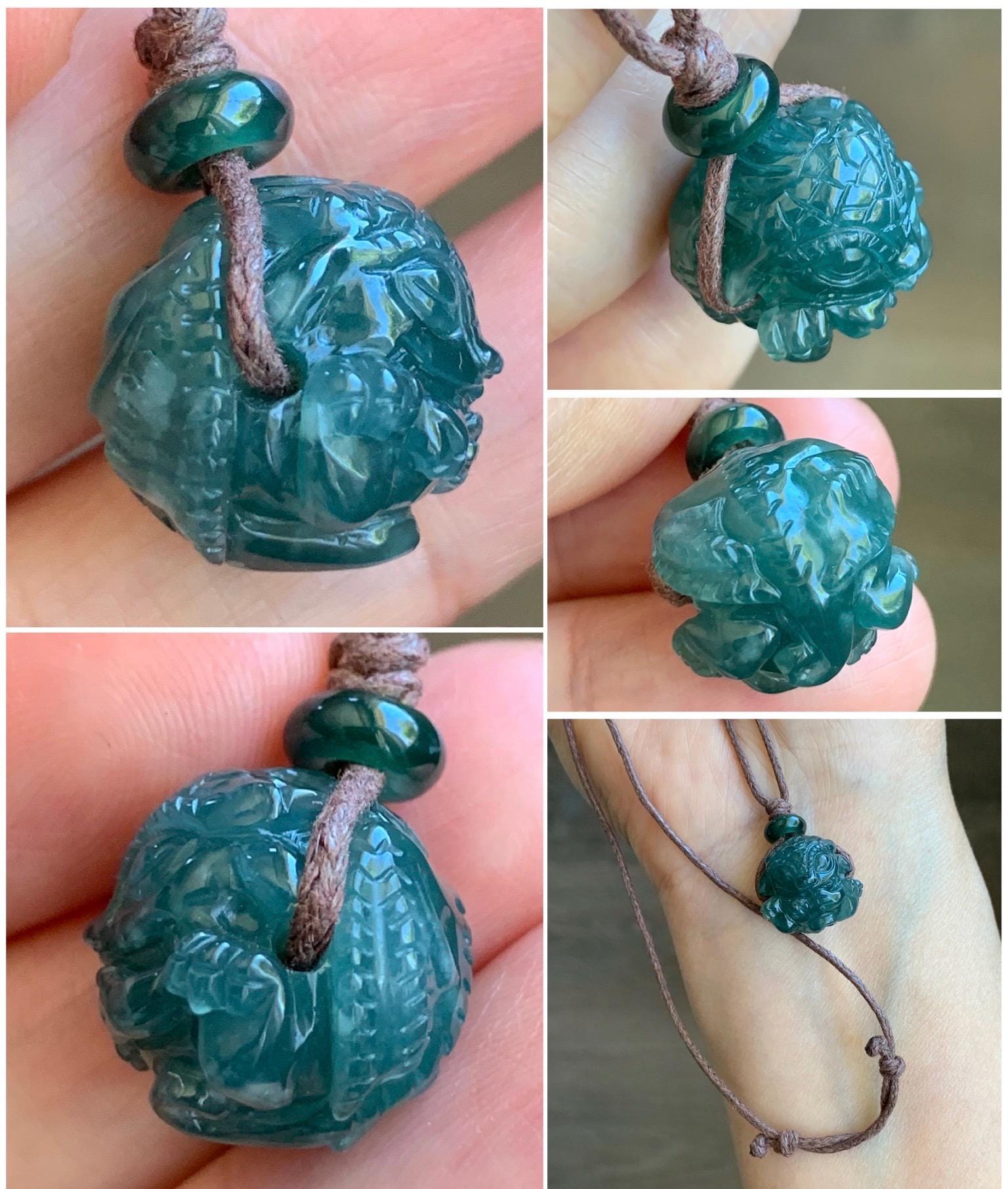 Natural Grade A Guatemalan Icy Translucent Deep Teal Blue Jadeite Baby Dragon Ball Pendant Rope Necklace 25” 7g 天然老种冰胶危深蓝翡翠龙宝宝吊坠 LBX180B