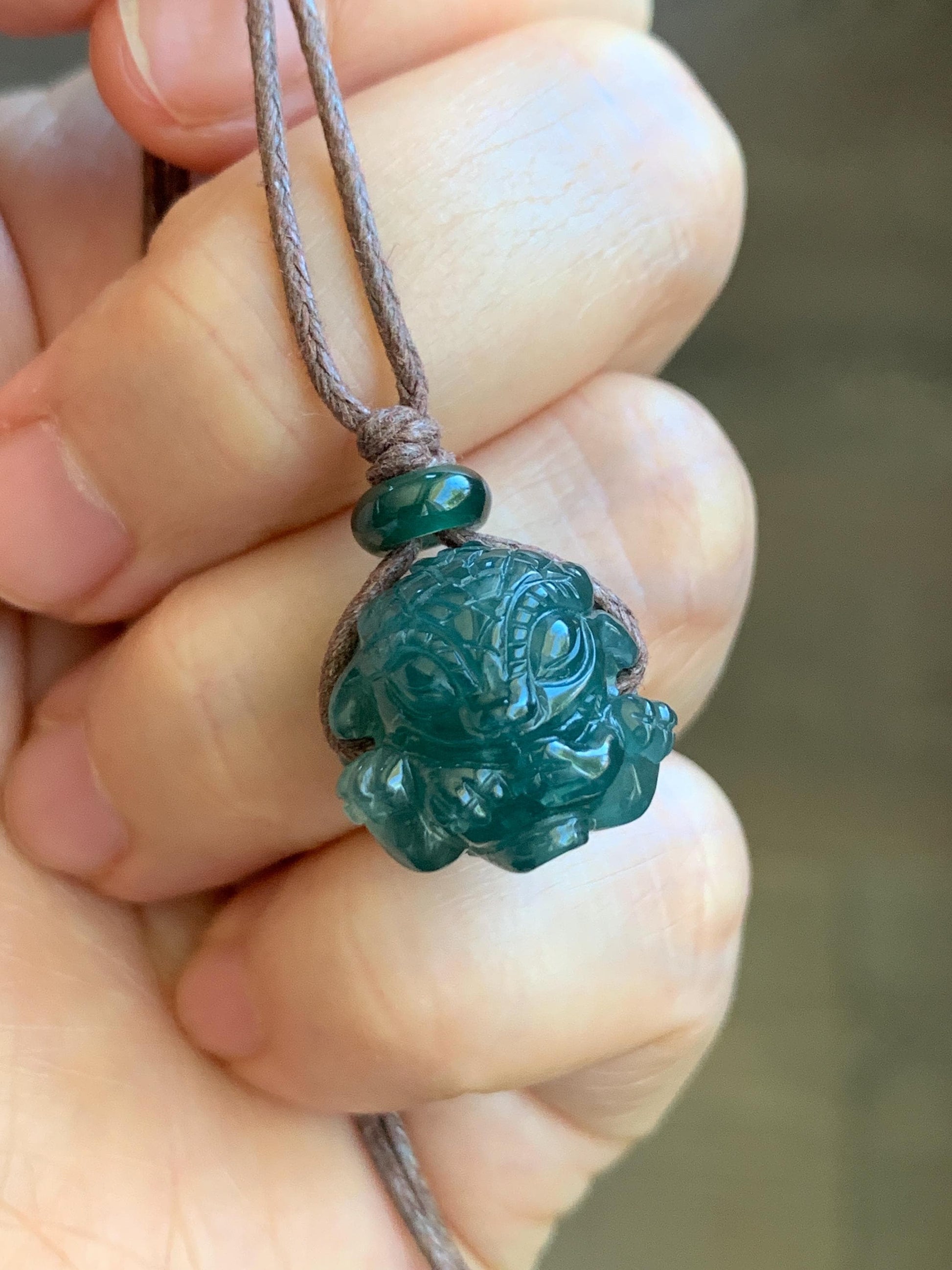 Natural Grade A Guatemalan Icy Translucent Deep Teal Blue Jadeite Baby Dragon Ball Pendant Rope Necklace 25” 7g 天然老种冰胶危深蓝翡翠龙宝宝吊坠 LBX180B