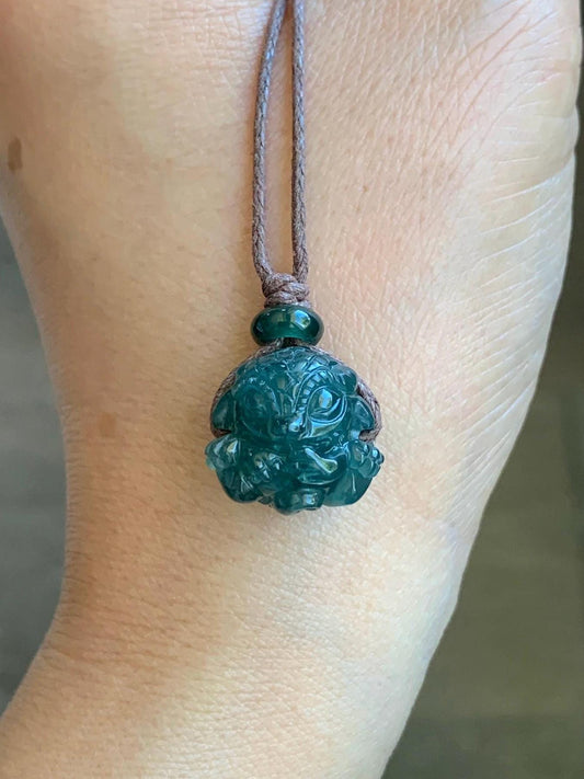 Natural Grade A Guatemalan Icy Translucent Deep Teal Blue Jadeite Baby Dragon Ball Pendant Rope Necklace 25” 7g 天然老种冰胶危深蓝翡翠龙宝宝吊坠 LBX180B
