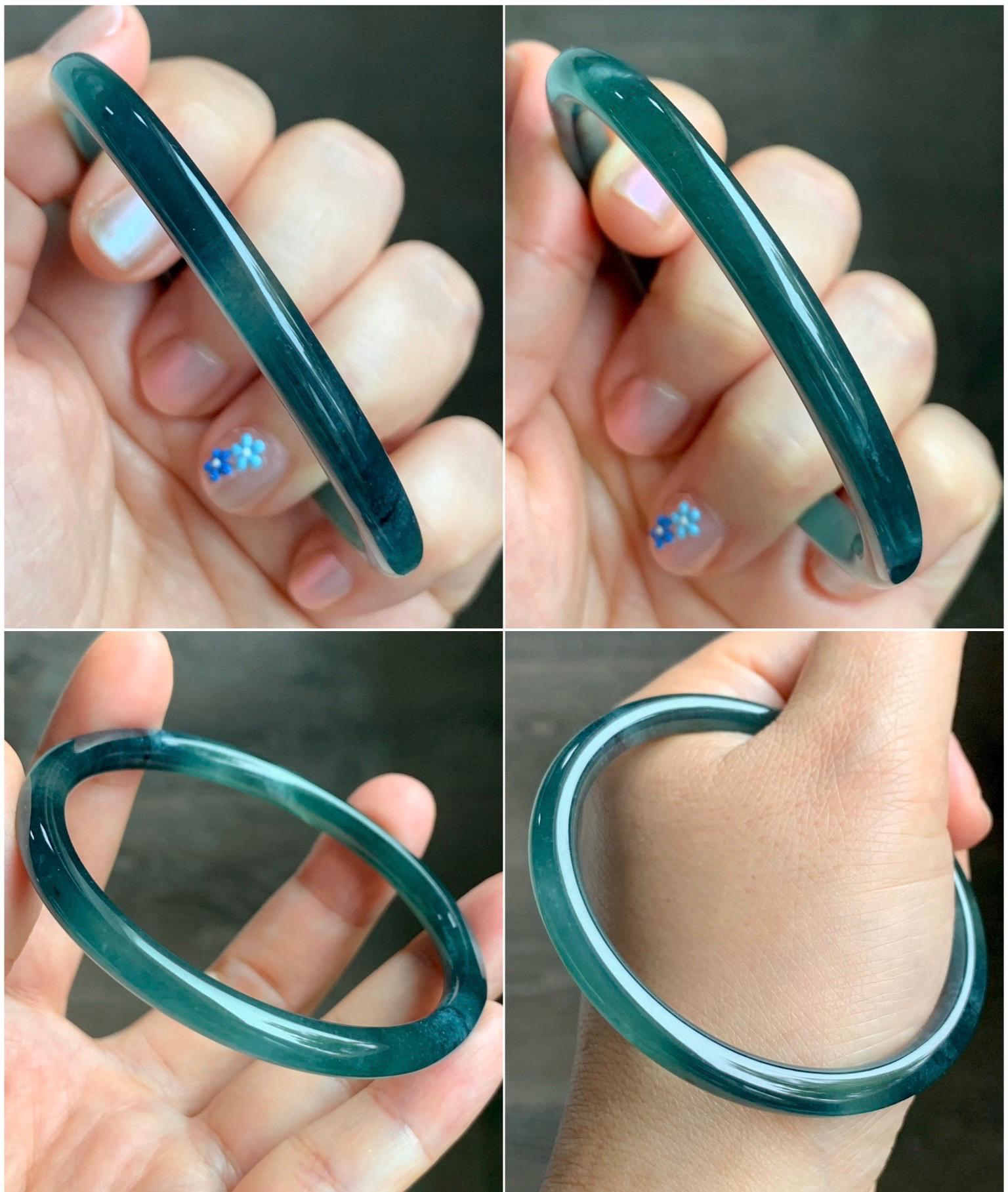 Natural Grade A Guatemalan Icy Translucent Gelatinous Dark Teal Green Jade Jadeite Slim Bangle 55.69mm 17g 天然老种冰胶危蓝绿翡翠细圆条手镯 WLU305A