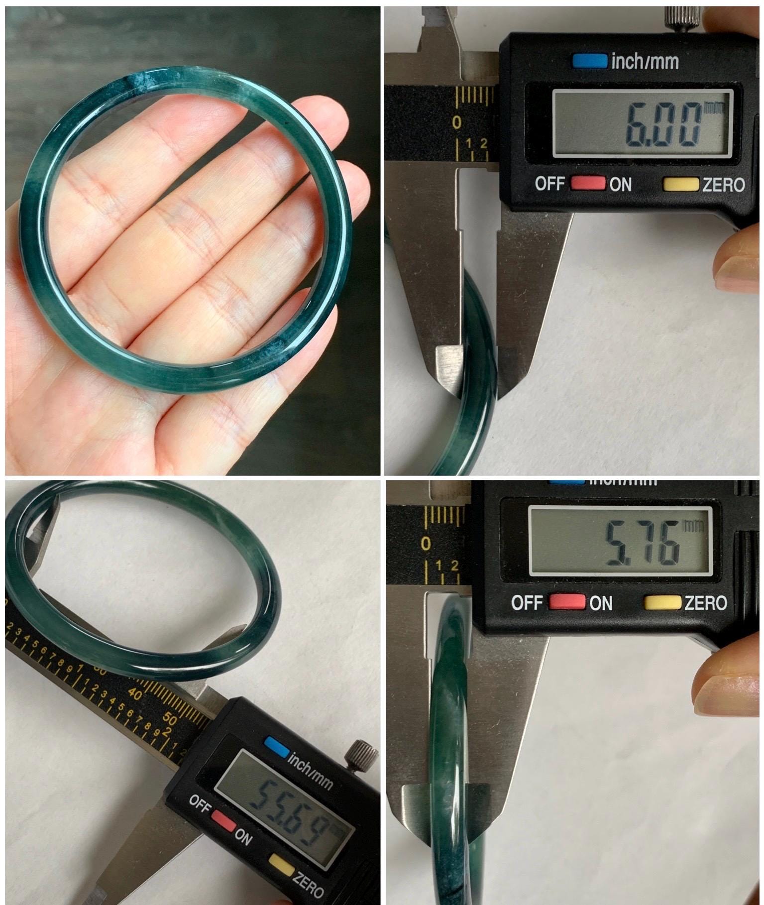 Natural Grade A Guatemalan Icy Translucent Gelatinous Dark Teal Green Jade Jadeite Slim Bangle 55.69mm 17g 天然老种冰胶危蓝绿翡翠细圆条手镯 WLU305A