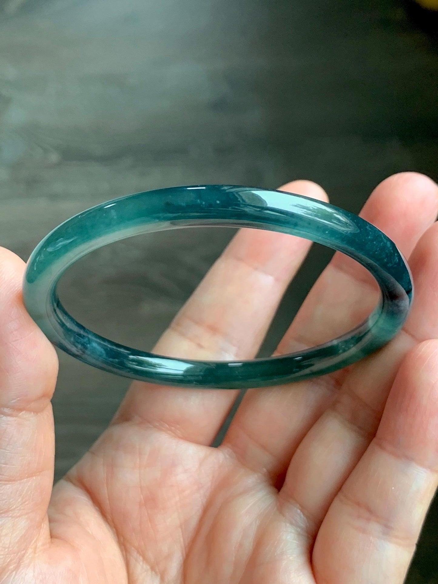 Natural Grade A Guatemalan Icy Translucent Gelatinous Dark Teal Green Jade Jadeite Slim Bangle 55.69mm 17g 天然老种冰胶危蓝绿翡翠细圆条手镯 WLU305A