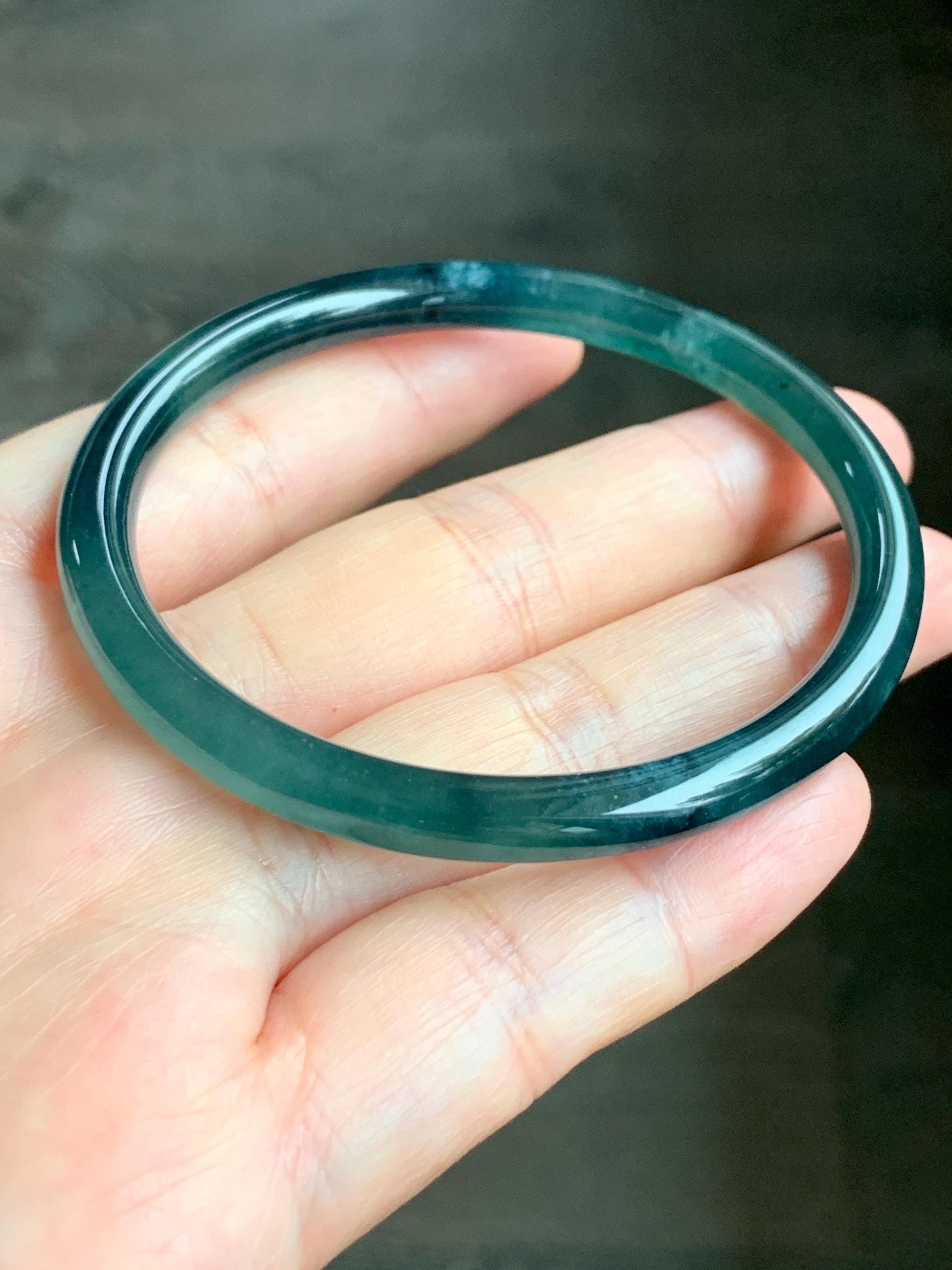 Natural Grade A Guatemalan Icy Translucent Gelatinous Dark Teal Green Jade Jadeite Slim Bangle 55.69mm 17g 天然老种冰胶危蓝绿翡翠细圆条手镯 WLU305A