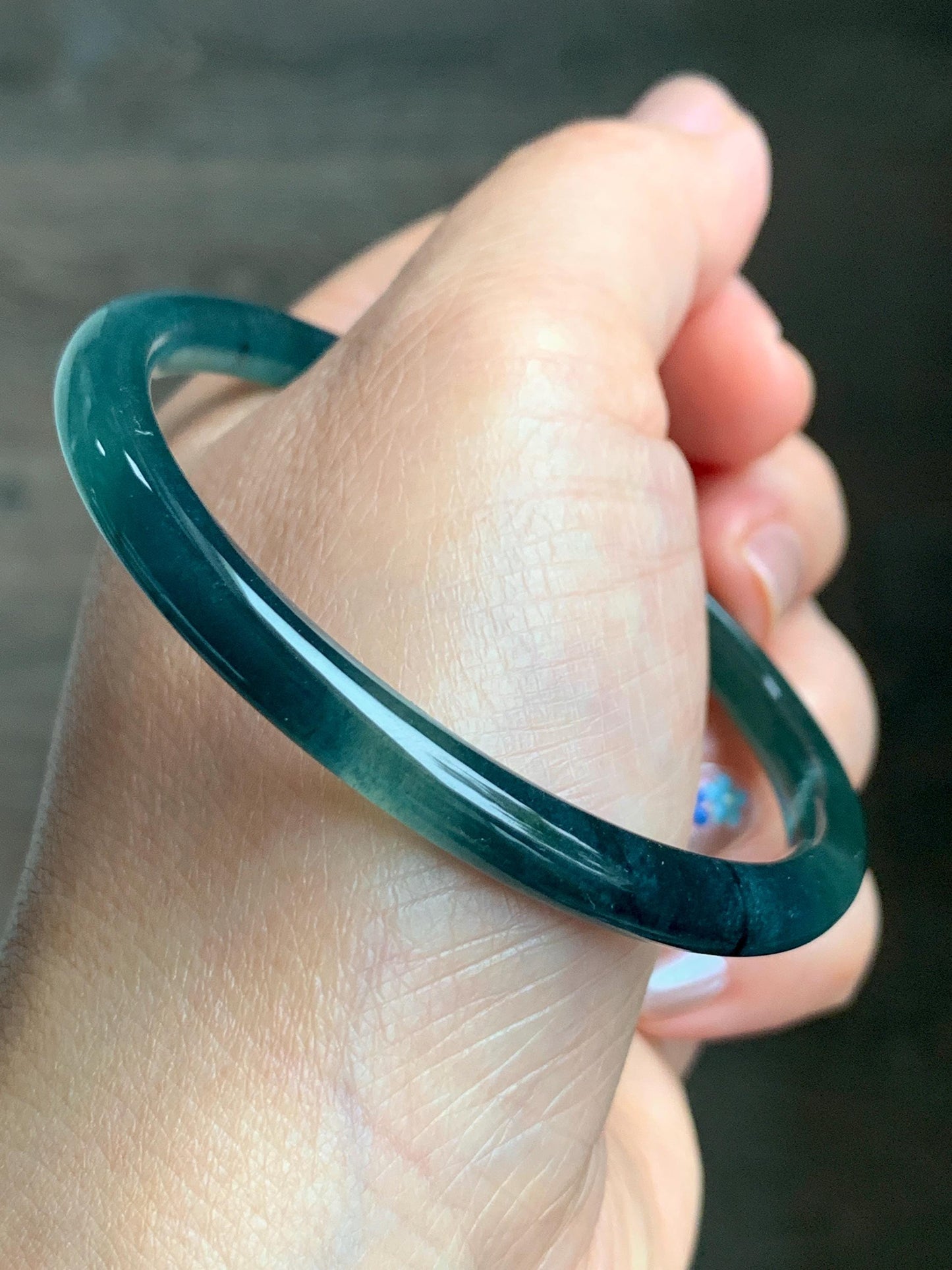 Natural Grade A Guatemalan Icy Translucent Gelatinous Dark Teal Green Jade Jadeite Slim Bangle 55.69mm 17g 天然老种冰胶危蓝绿翡翠细圆条手镯 WLU305A