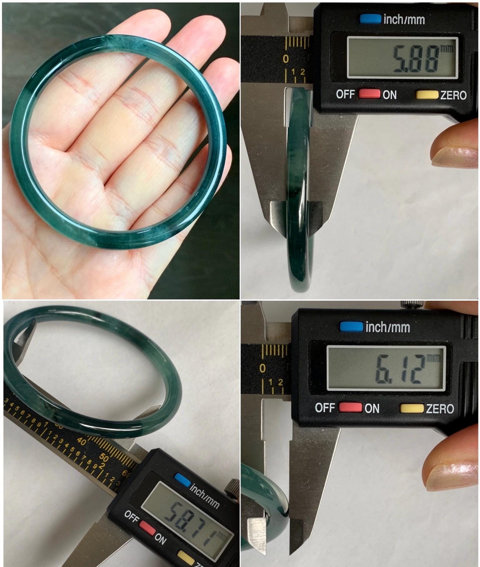 Natural Grade A Guatemalan Icy Translucent Gelatinous Dark Teal Green Jade Jadeite Slim Bangle 58.7mm 19g 天然老种冰胶危蓝绿翡翠细圆条手镯 WLU305B