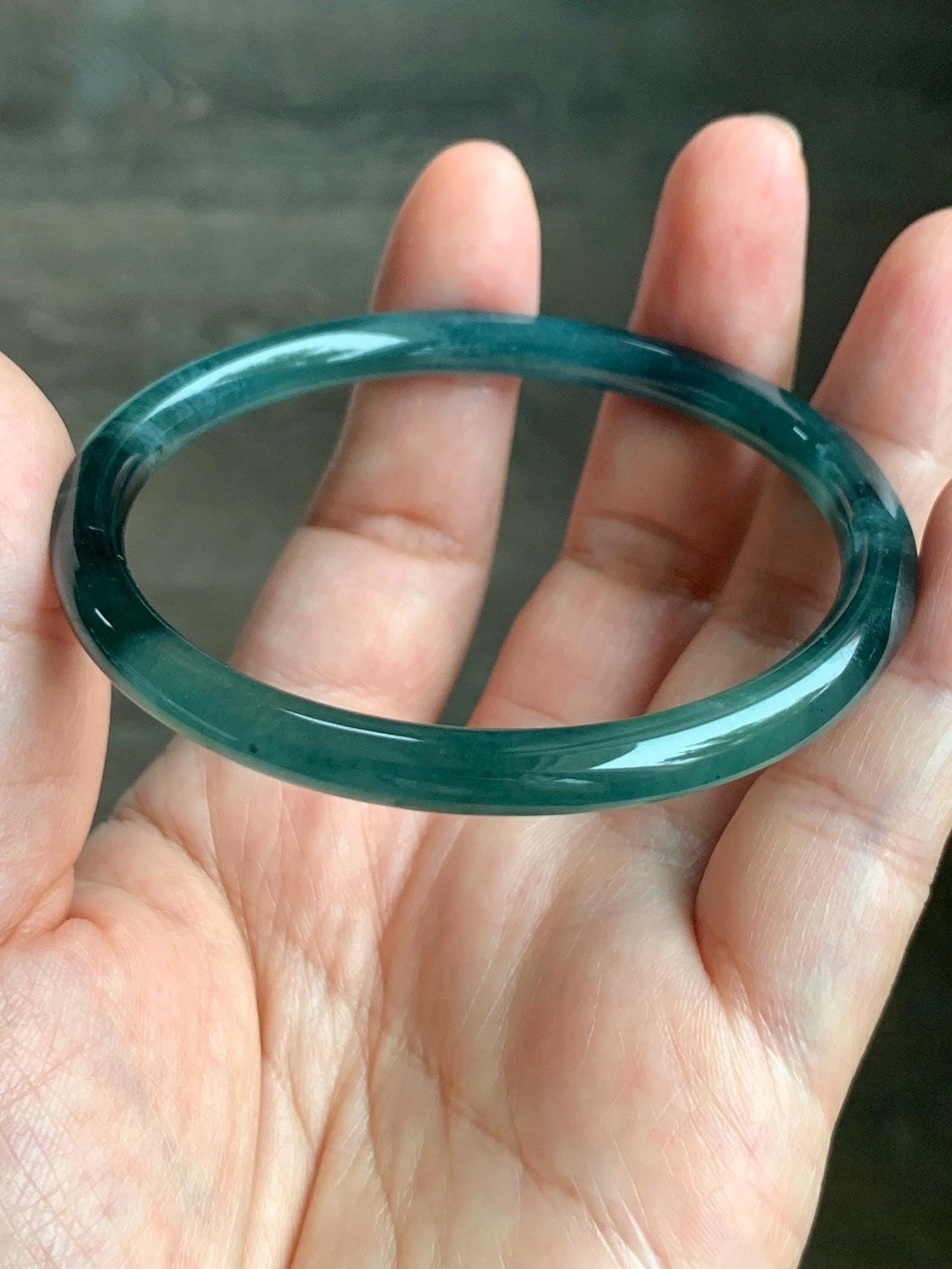 Natural Grade A Guatemalan Icy Translucent Gelatinous Dark Teal Green Jade Jadeite Slim Bangle 58.7mm 19g 天然老种冰胶危蓝绿翡翠细圆条手镯 WLU305B