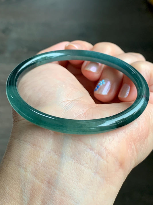 Natural Grade A Guatemalan Icy Translucent Gelatinous Dark Teal Green Jade Jadeite Slim Bangle 58.7mm 19g 天然老种冰胶危蓝绿翡翠细圆条手镯 WLU305B