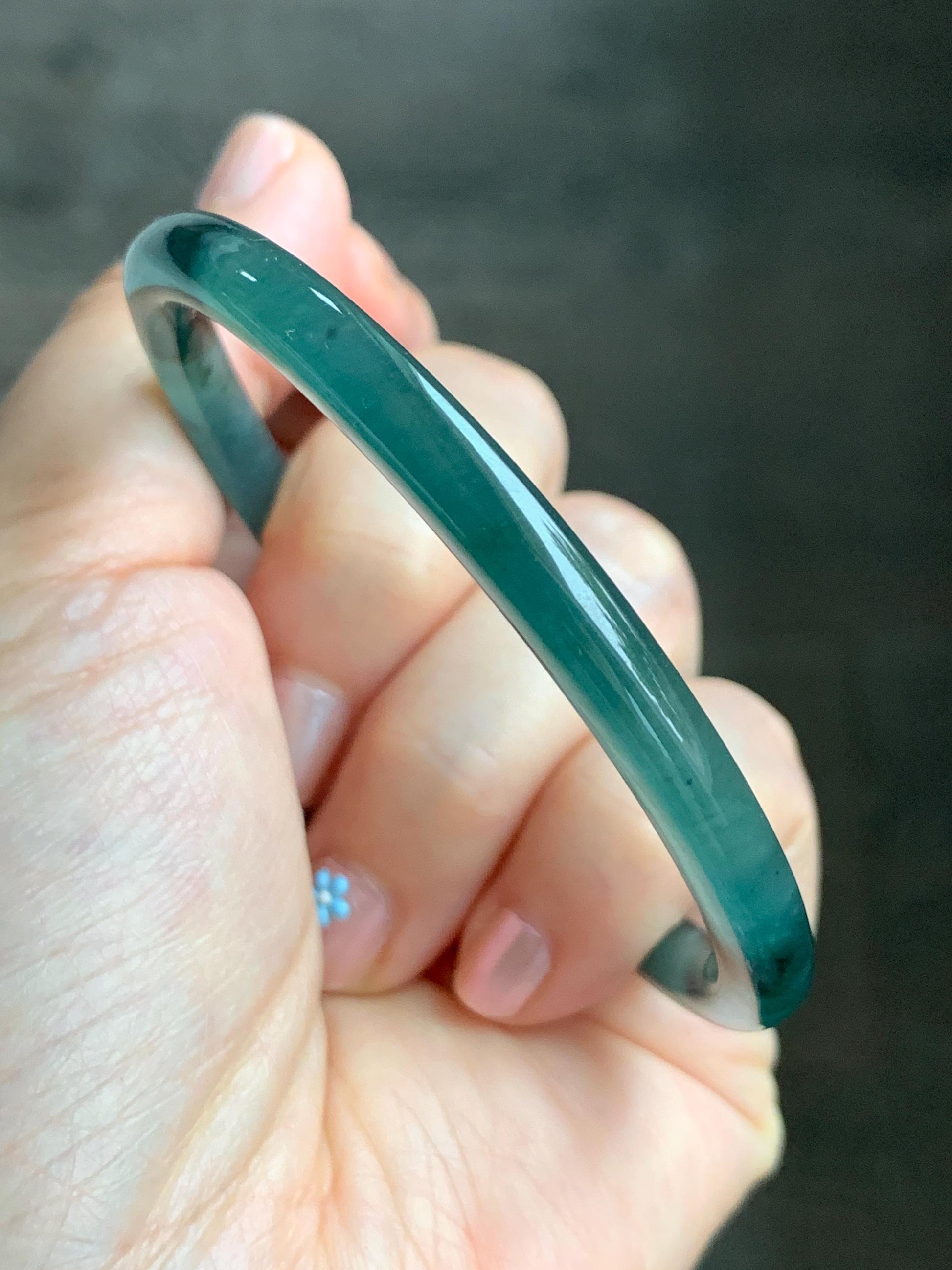 Natural Grade A Guatemalan Icy Translucent Gelatinous Dark Teal Green Jade Jadeite Slim Bangle 58.7mm 19g 天然老种冰胶危蓝绿翡翠细圆条手镯 WLU305B