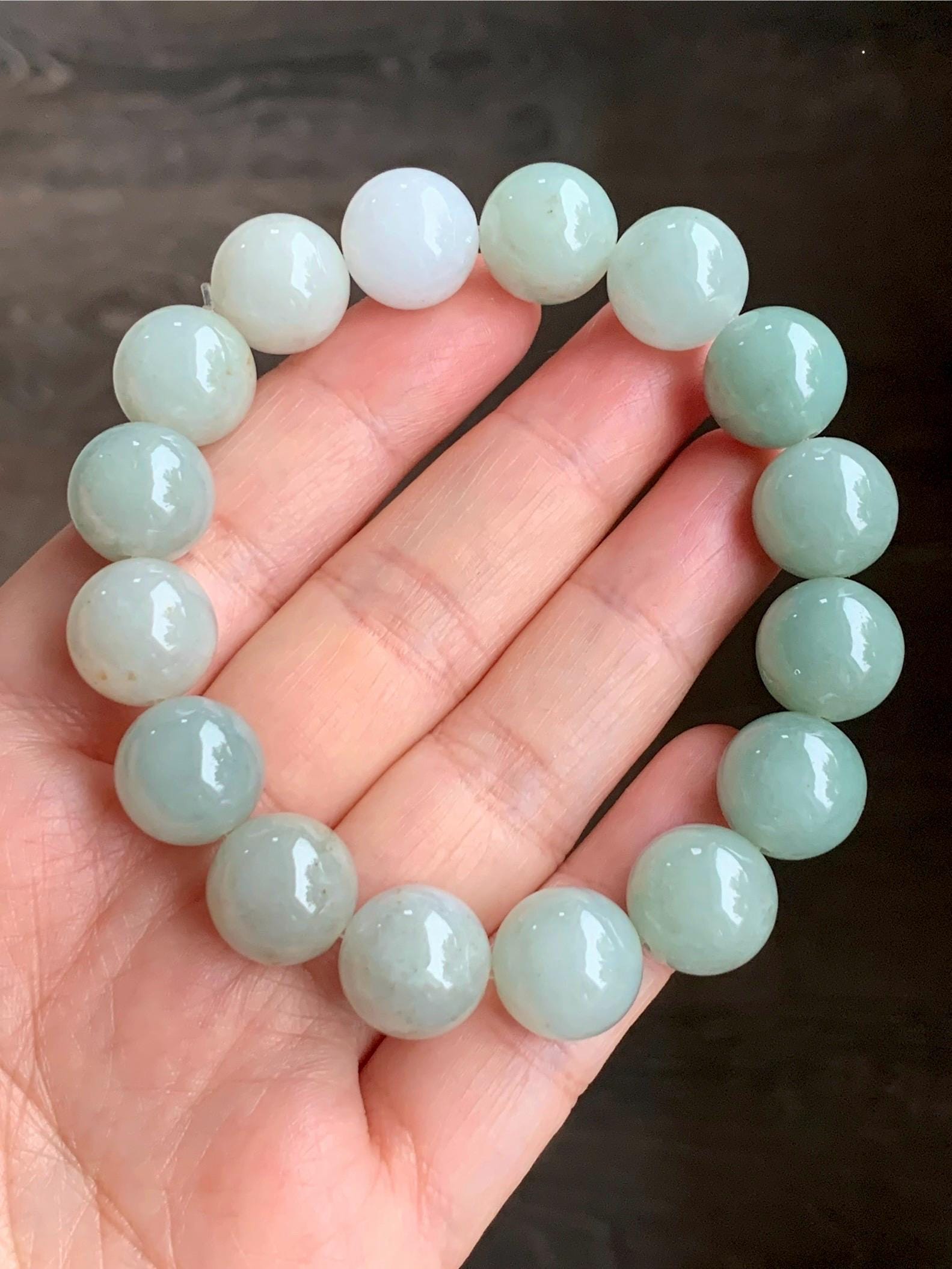 Natural Grade A Icy Translucent Pastel Dusty Green Multicolored Jadeite Large Beaded Bracelet Stretchy 12.86mm 7.5” 58g 天然细糯多宝翡翠大卡手串 ADB268
