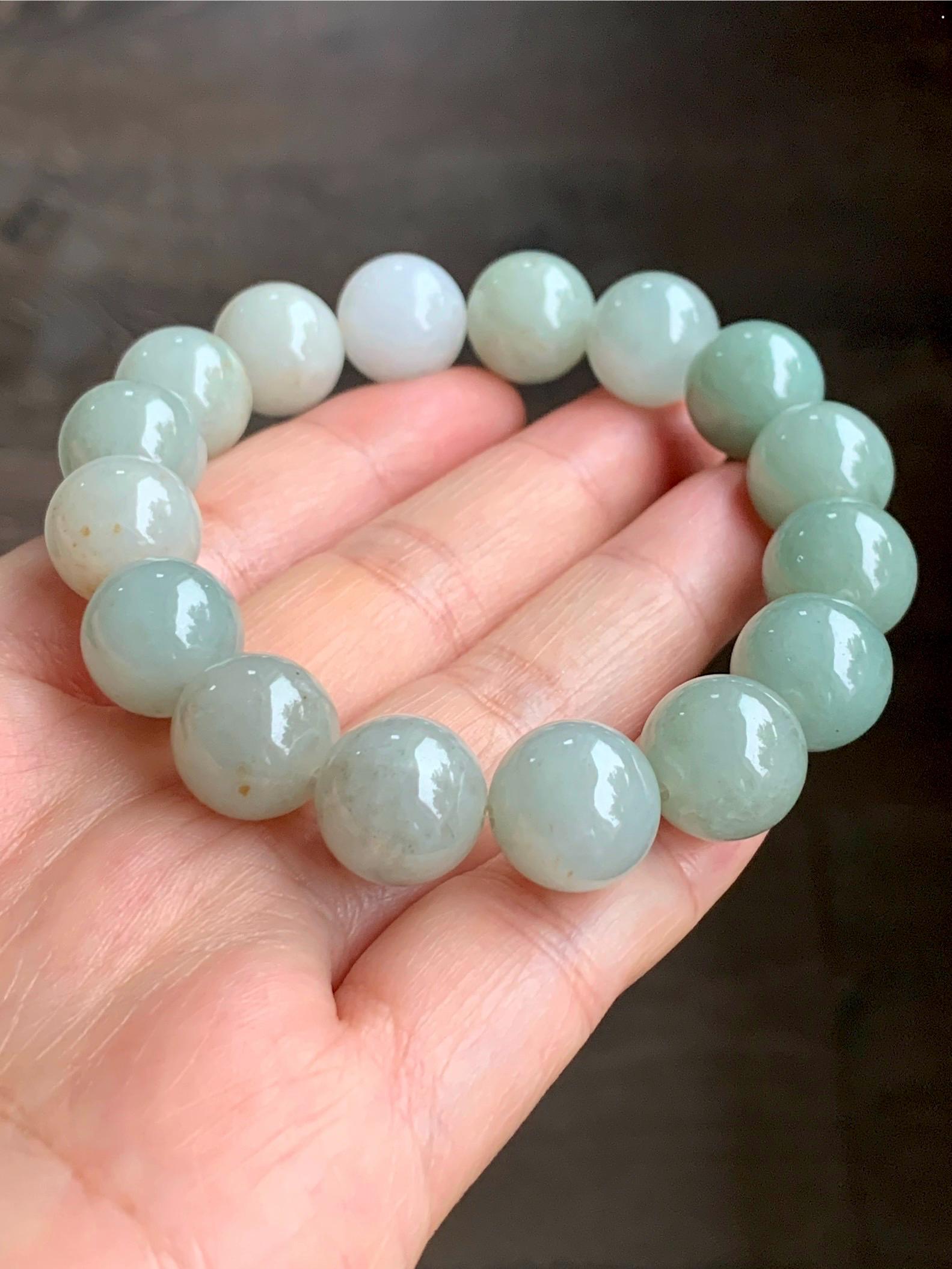 Natural Grade A Icy Translucent Pastel Dusty Green Multicolored Jadeite Large Beaded Bracelet Stretchy 12.86mm 7.5” 58g 天然细糯多宝翡翠大卡手串 ADB268