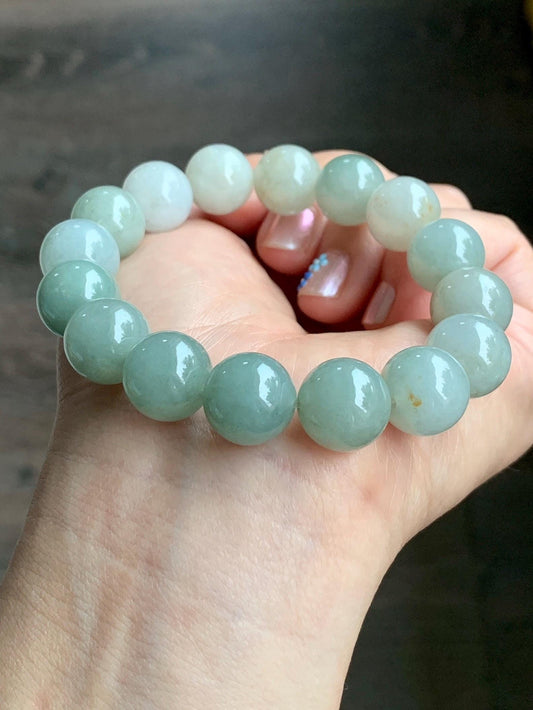 Natural Grade A Icy Translucent Pastel Dusty Green Multicolored Jadeite Large Beaded Bracelet Stretchy 12.86mm 7.5” 58g 天然细糯多宝翡翠大卡手串 ADB268