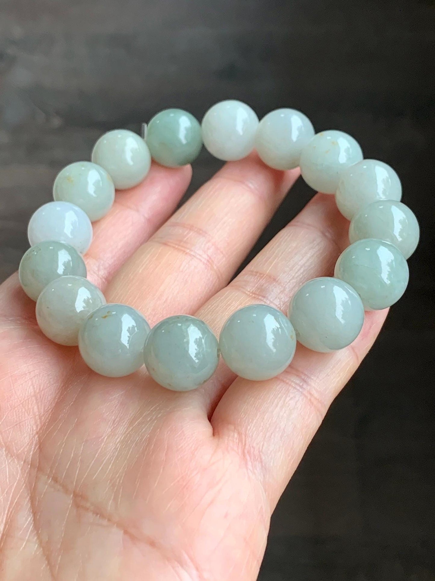 Natural Grade A Icy Translucent Pastel Dusty Green Multicolored Jadeite Large Beaded Bracelet Stretchy 12.88mm 7.5” 58g 天然细糯多宝翡翠大卡手串 AYS268