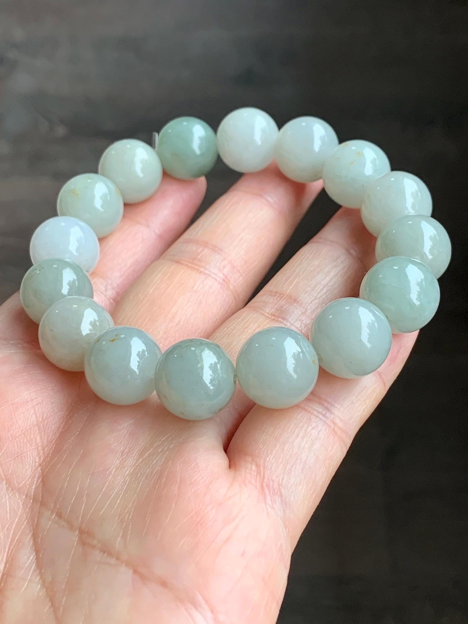 Natural Grade A Icy Translucent Pastel Dusty Green Multicolored Jadeite Large Beaded Bracelet Stretchy 12.88mm 7.5” 58g 天然细糯多宝翡翠大卡手串 AYS268