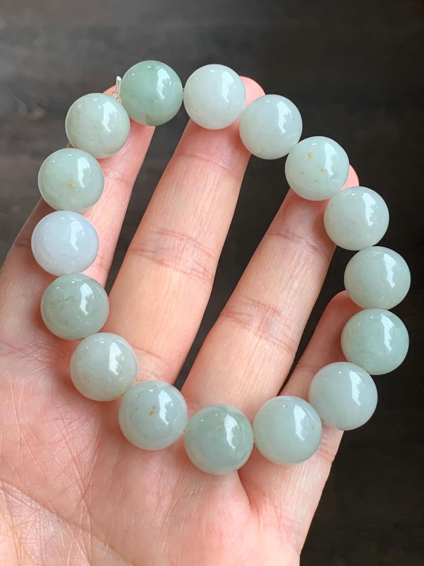 Natural Grade A Icy Translucent Pastel Dusty Green Multicolored Jadeite Large Beaded Bracelet Stretchy 12.88mm 7.5” 58g 天然细糯多宝翡翠大卡手串 AYS268