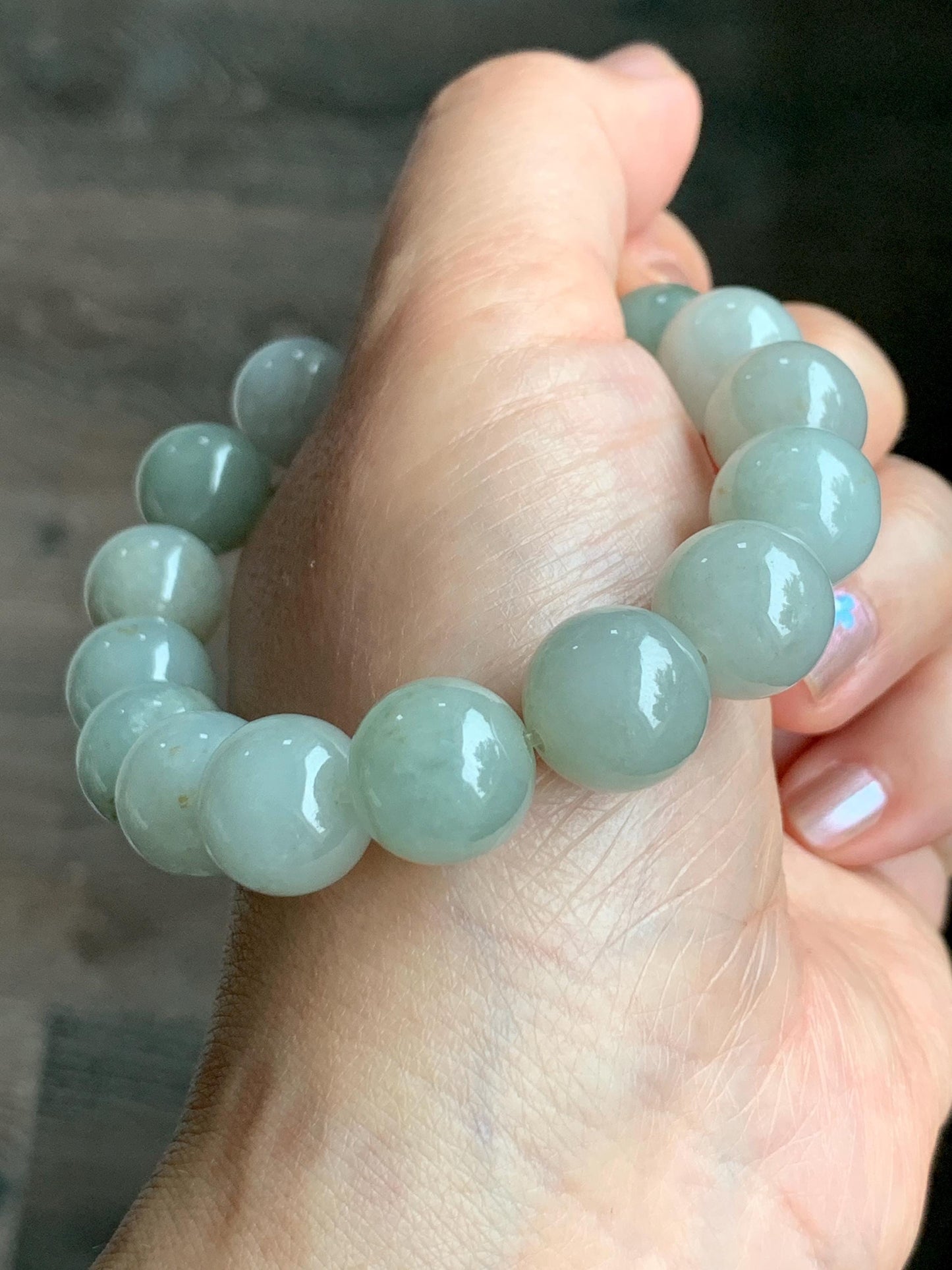 Natural Grade A Icy Translucent Pastel Dusty Green Multicolored Jadeite Large Beaded Bracelet Stretchy 12.88mm 7.5” 58g 天然细糯多宝翡翠大卡手串 AYS268