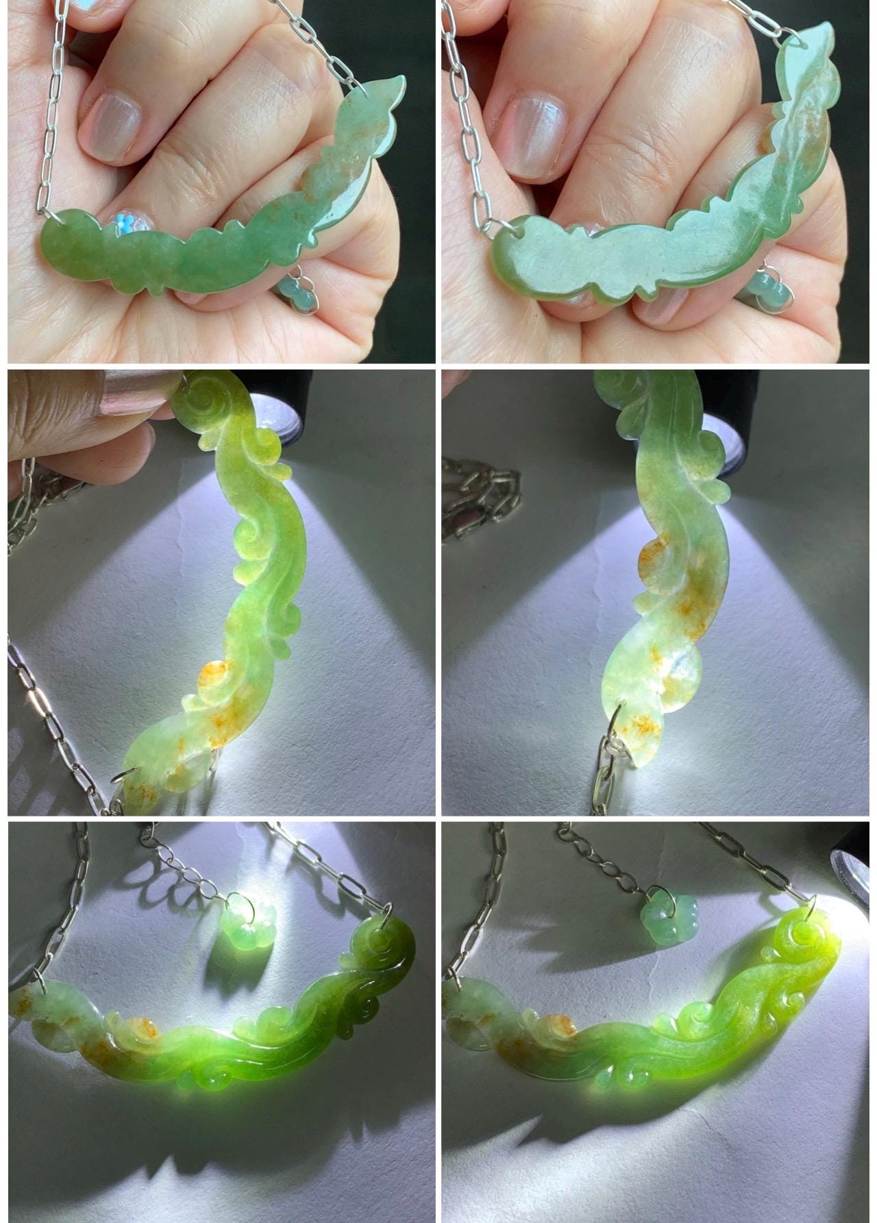 Natural Grade A Icy Translucent Tea Green Red Marbled Jadeite Engraved Crescent Pendant 999 Sterling Silver Necklace 天然冰茶黄撒金翡翠玉横足银项链 CHH283