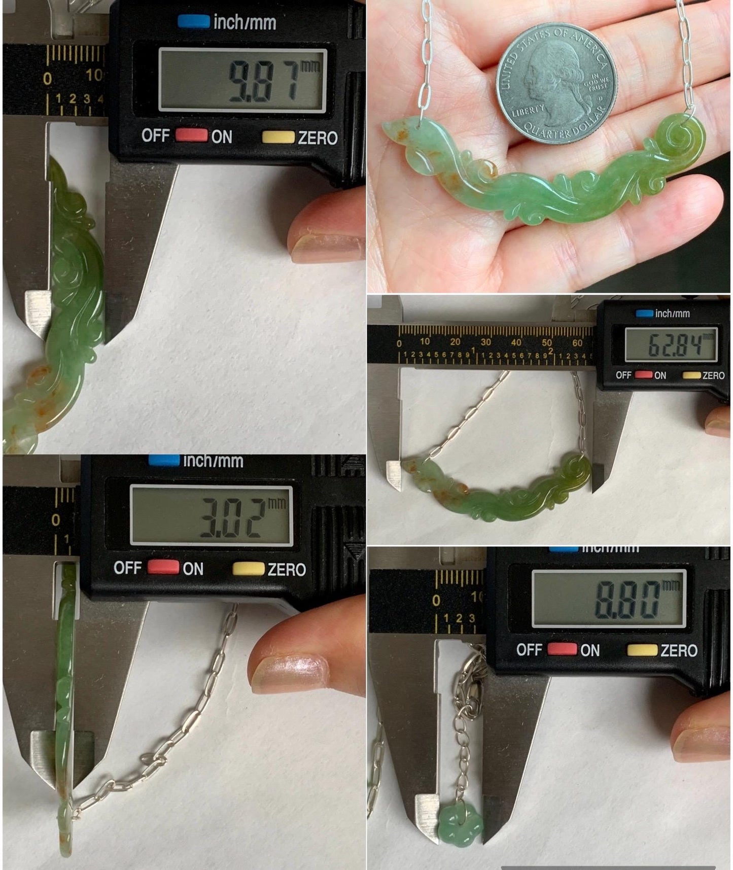 Natural Grade A Icy Translucent Tea Green Red Marbled Jadeite Engraved Crescent Pendant 999 Sterling Silver Necklace 天然冰茶黄撒金翡翠玉横足银项链 CHH283
