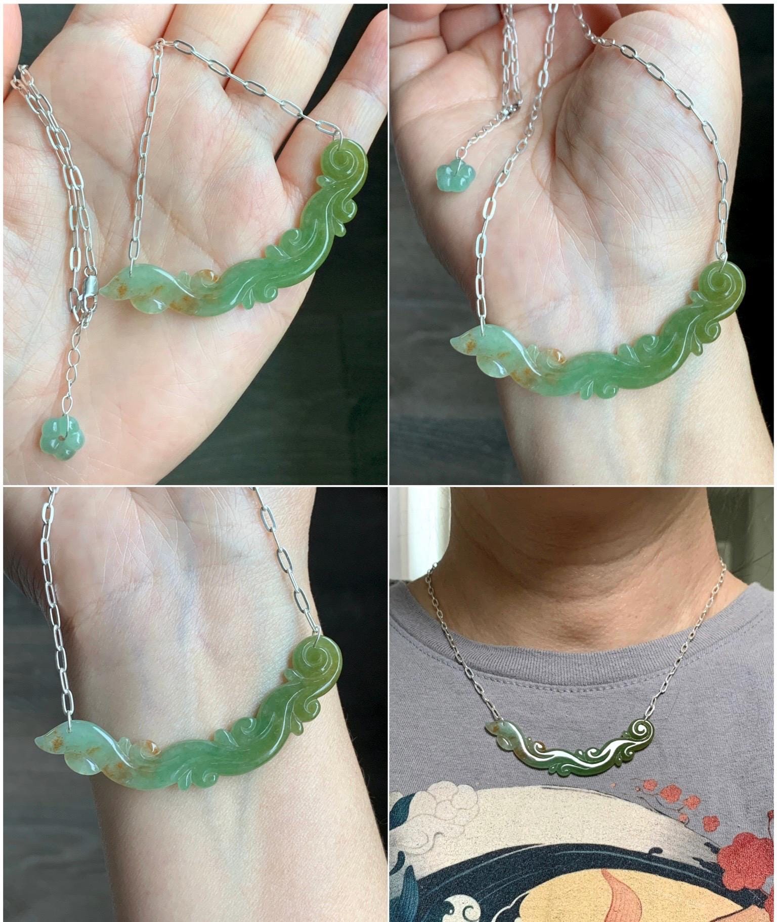 Natural Grade A Icy Translucent Tea Green Red Marbled Jadeite Engraved Crescent Pendant 999 Sterling Silver Necklace 天然冰茶黄撒金翡翠玉横足银项链 CHH283