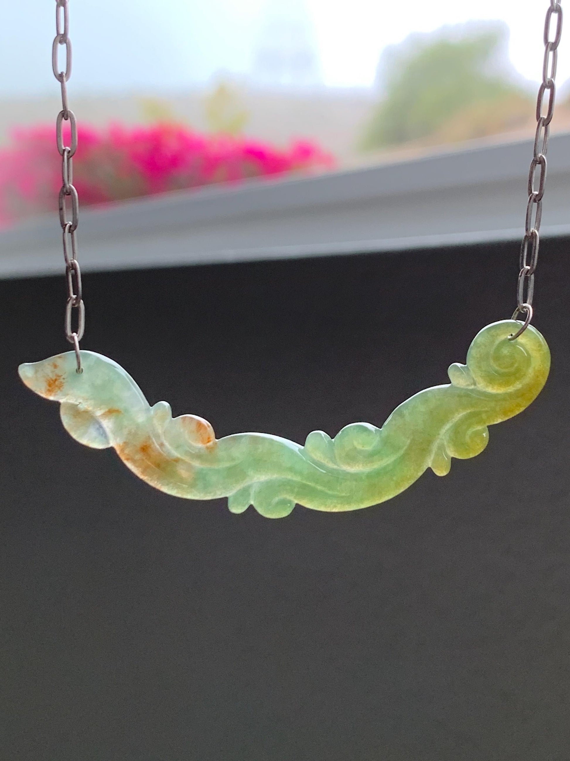 Natural Grade A Icy Translucent Tea Green Red Marbled Jadeite Engraved Crescent Pendant 999 Sterling Silver Necklace 天然冰茶黄撒金翡翠玉横足银项链 CHH283
