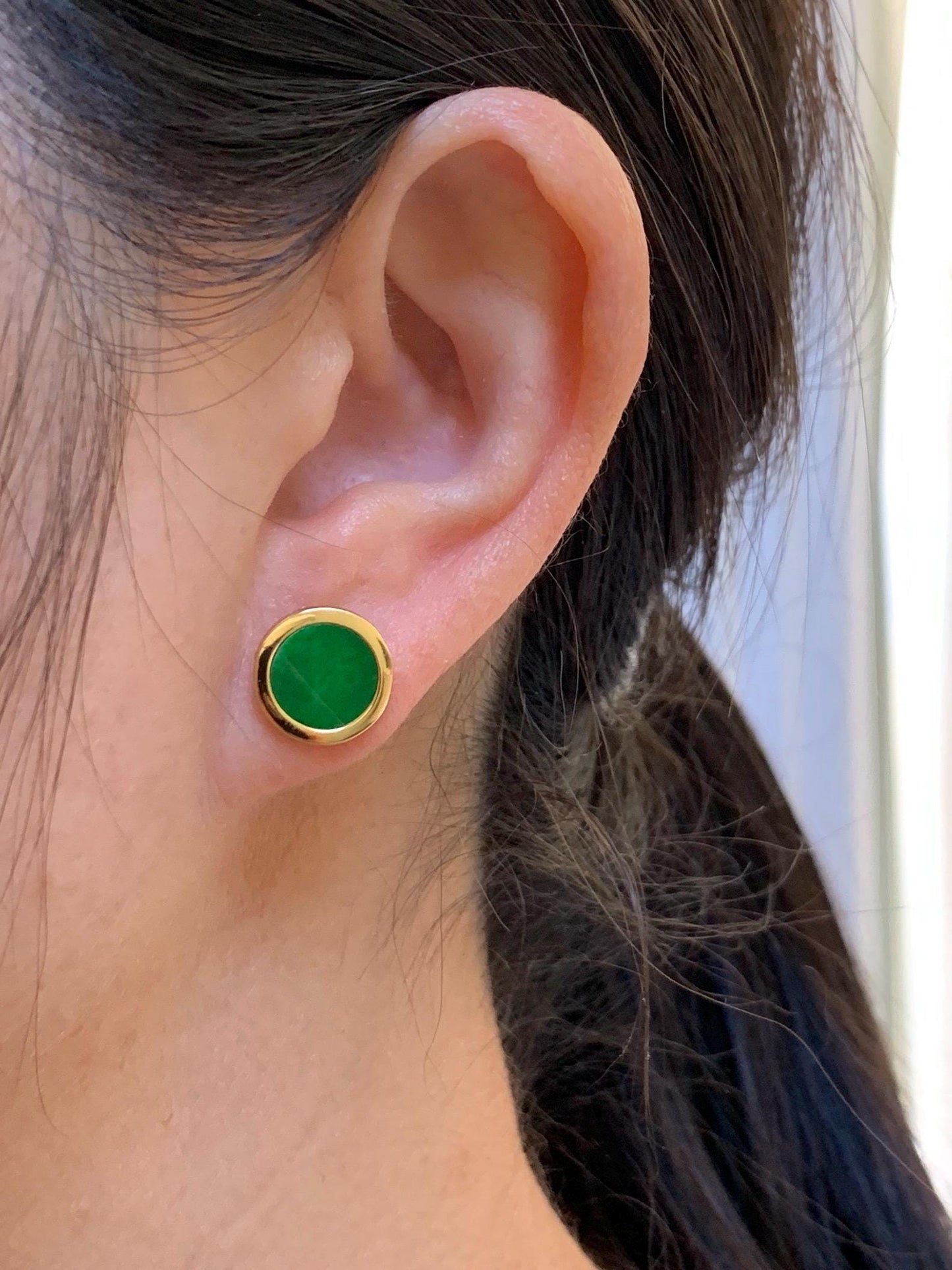 Natural Grade A Vibrant Green Jade Jadeite Coin Stud Earrings S925 Sterling Silver Yellow Gold Overlay 天然阳绿花青翡翠银镶圆耳钉 HQR-G