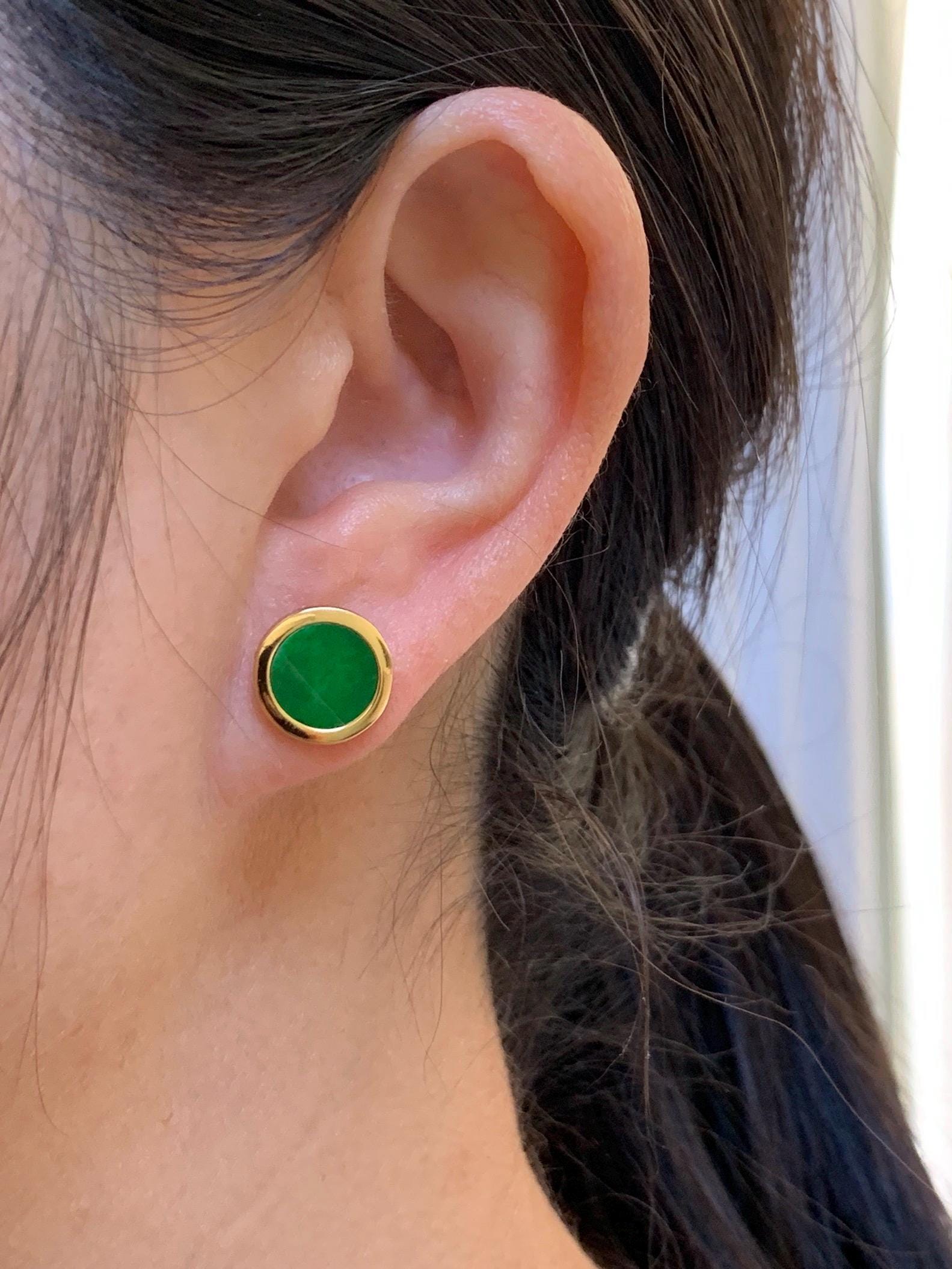 Natural Grade A Vibrant Green Jade Jadeite Coin Stud Earrings S925 Sterling Silver Yellow Gold Overlay 天然阳绿花青翡翠银镶圆耳钉 HQR-G