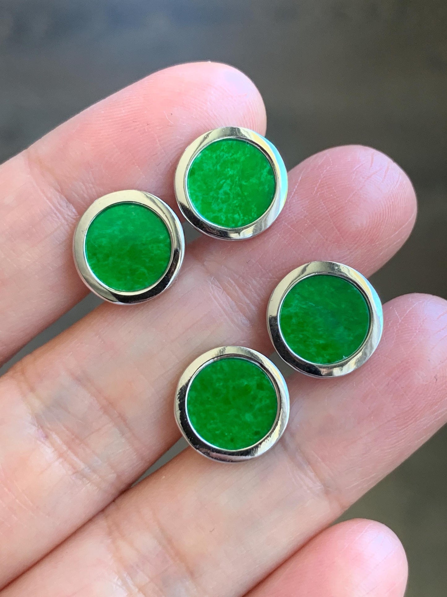 Natural Grade A Translucent Vibrant Green Jade Jadeite Coin Stud Earrings S925 Sterling Silver天然阳绿花青翡翠银镶圆耳钉 HQR-S