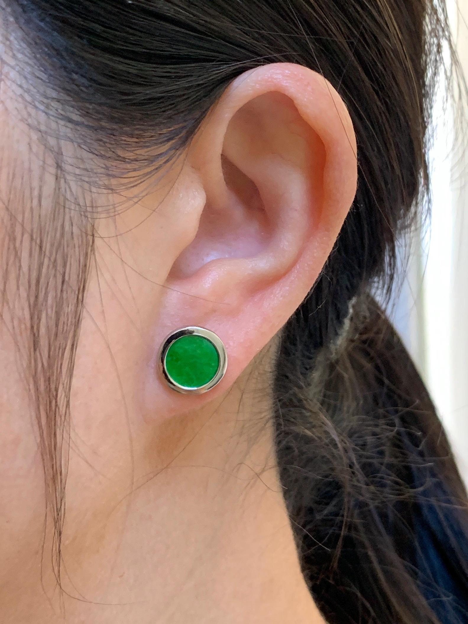 Natural Grade A Translucent Vibrant Green Jade Jadeite Coin Stud Earrings S925 Sterling Silver天然阳绿花青翡翠银镶圆耳钉 HQR-S