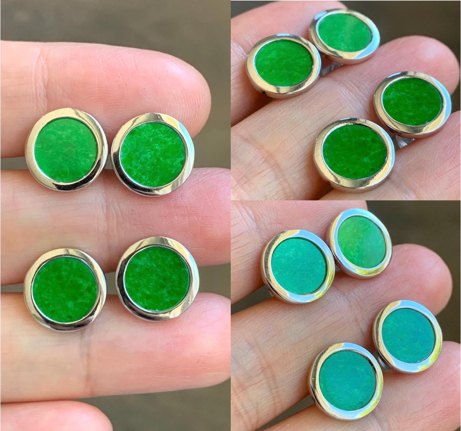 Natural Grade A Translucent Vibrant Green Jade Jadeite Coin Stud Earrings S925 Sterling Silver天然阳绿花青翡翠银镶圆耳钉 HQR-S