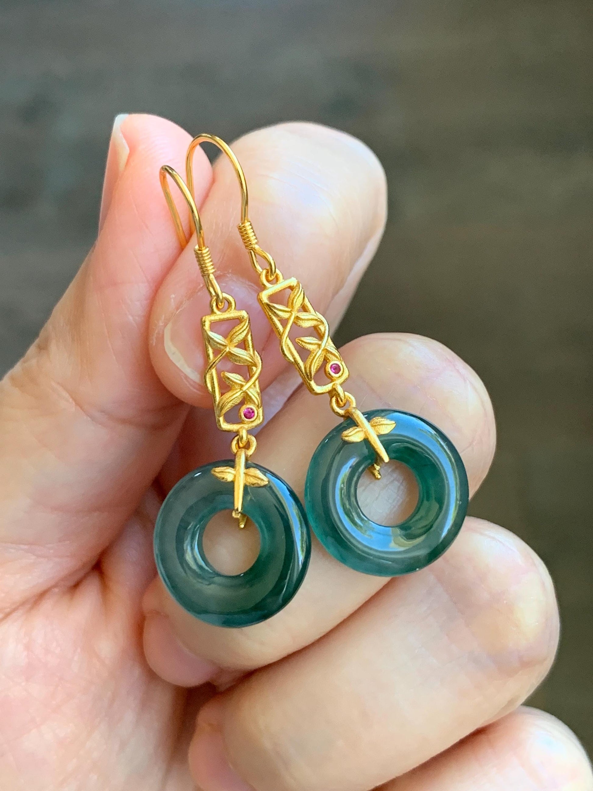Natural Grade A Guatemalan Icy Translucent Teal Green Jade Jadeite Ping An Kou Donut Dangle Earrings Sterling Silver 天然冰危深蓝绿翡翠平安扣耳钩 ZJK138