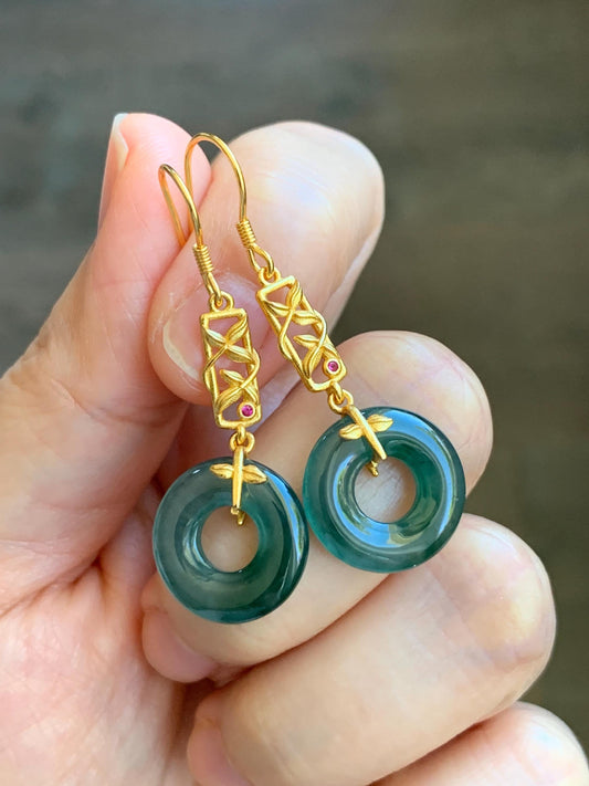 Natural Grade A Guatemalan Icy Translucent Teal Green Jade Jadeite Ping An Kou Donut Dangle Earrings Sterling Silver 天然冰危深蓝绿翡翠平安扣耳钩 ZJK138